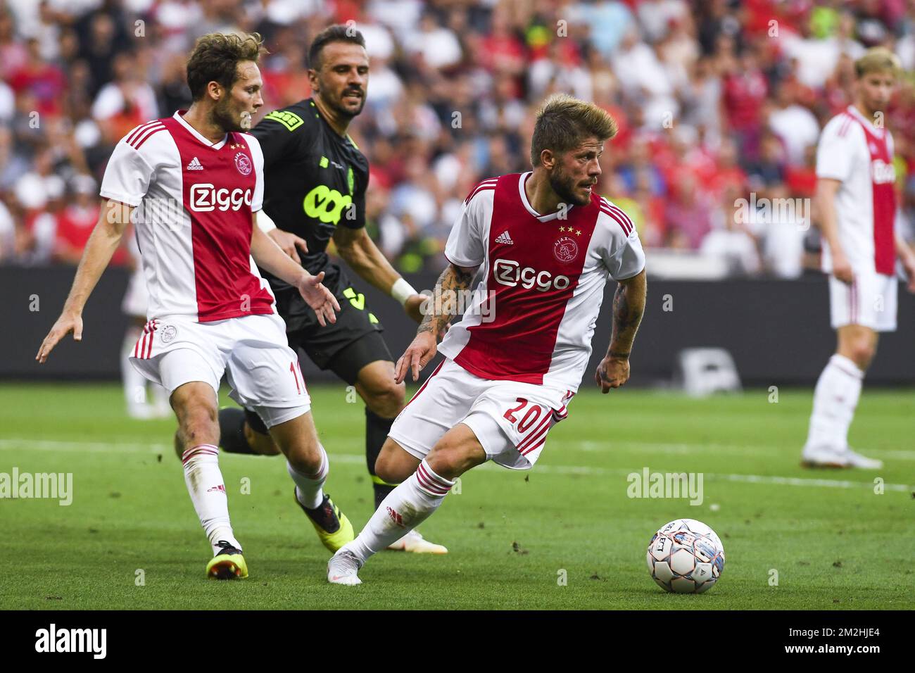 Ajax' Lasse Schone and Standard's Orlando Sa fight for the ball during the soccer match between Belgian Standard de Liege and Dutch AFC Ajax Amsterdam, Tuesday 07 August 2018 in Liege. This is the first leg of the third qualifying round of the UEFA Champions League. BELGA PHOTO LAURIE DIEFFEMBACQ Stock Photo