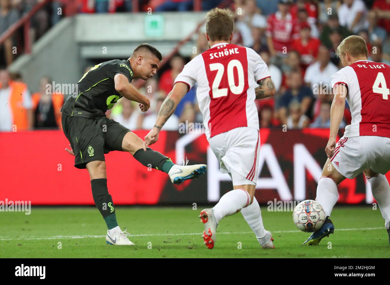 Standard's Razvan Marin and Ajax' Lasse Schone fight for the ball during the soccer match between Belgian Standard de Liege and Dutch AFC Ajax Amsterdam, Tuesday 07 August 2018 in Liege. This is the first leg of the third qualifying round of the UEFA Champions League. BELGA PHOTO VIRGINIE LEFOUR Stock Photo