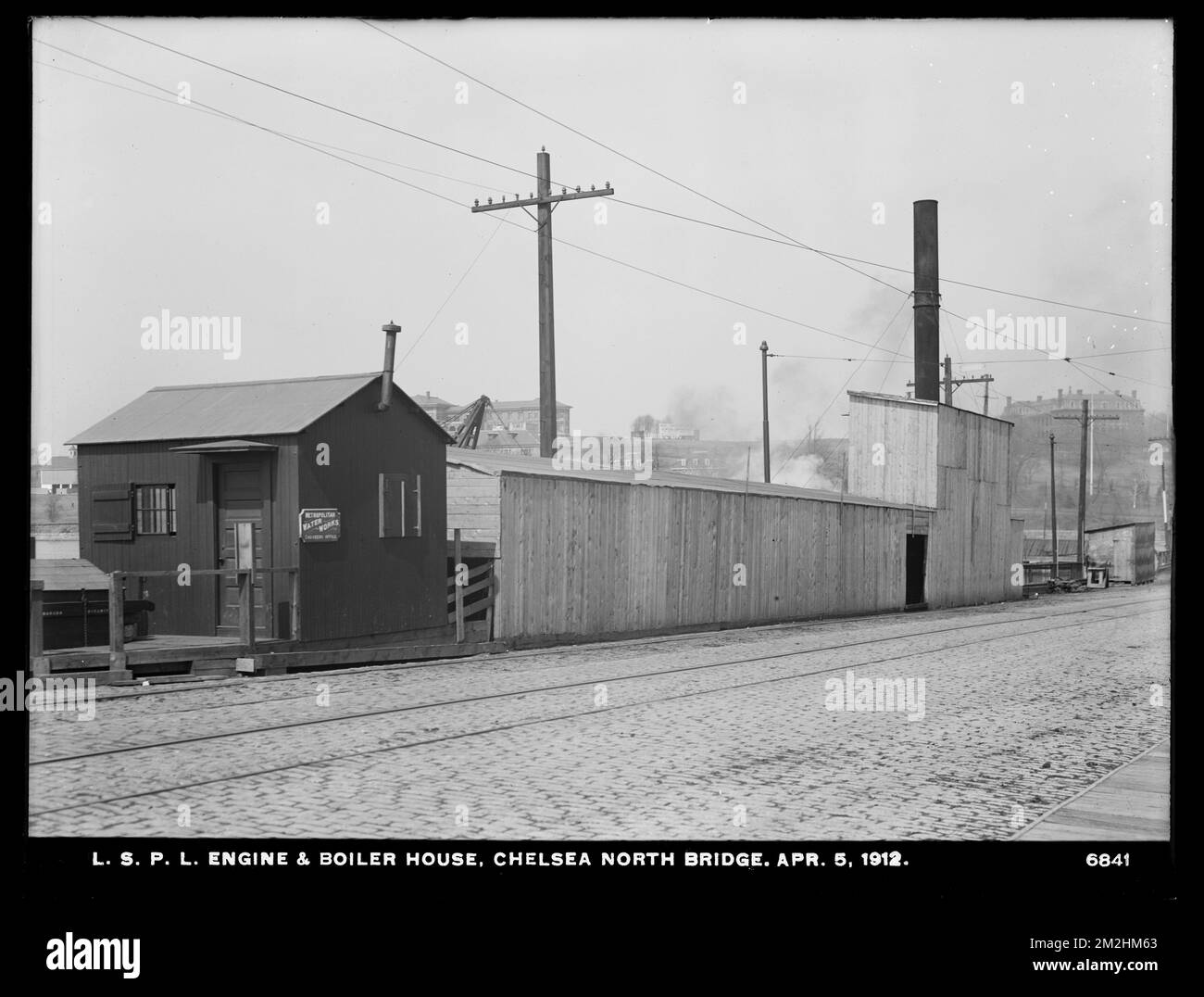 Distribution Department, Low Service Pipe Lines, engine and boiler house, Chelsea North Bridge, Charlestown, Mass., Apr. 5, 1912 , waterworks, water tunnels, construction sites Stock Photo