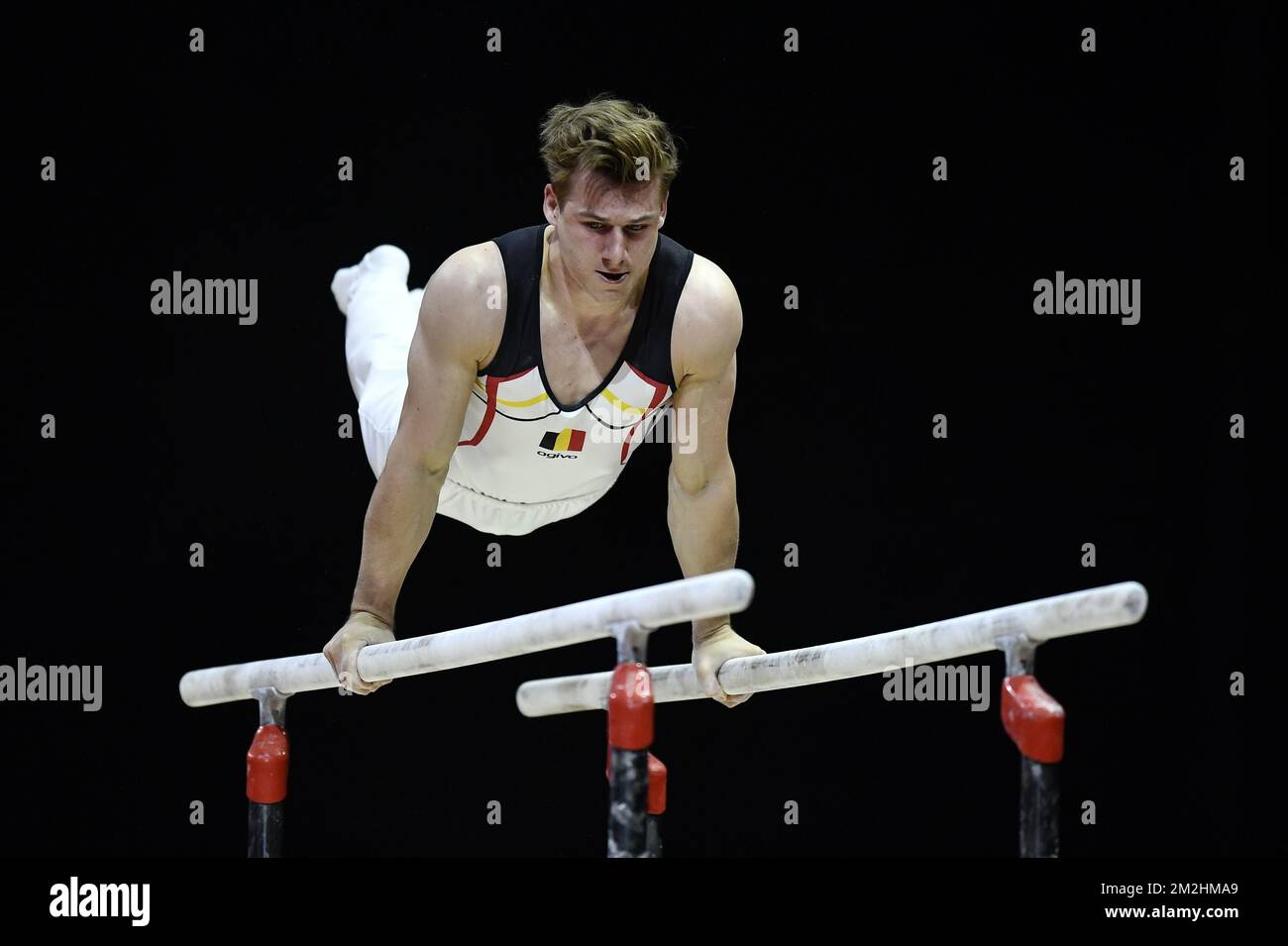Luka Van Den Keybus pictured at the Parallel Bars Exercise the qualifications for the Senior Men's Team Final and Individual Apparatus artistic gymnastics event at the European Championships, in Glasgow, Scotland, Thursday 09 August 2018. European championships of several sports will be held in Glasgow from 03 to 12 August. BELGA PHOTO ERIC LALMAND  Stock Photo