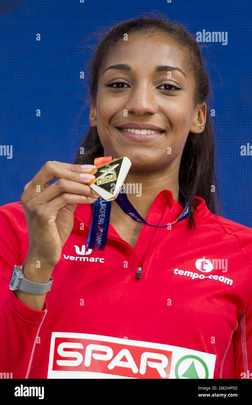 Belgian heptathlon athlete Nafissatou 'Nafi' Thiam celebrate on the