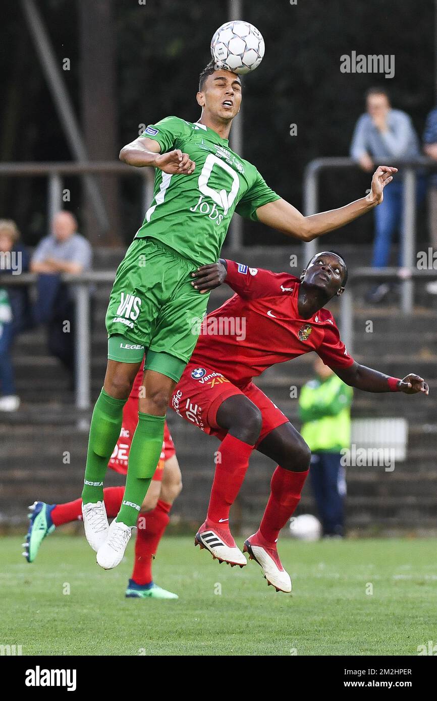 Lommel's Leonardo Miramar Rocha and Tubize's Salomon Nirisarike fight for  the ball during a soccer game between Lommel SK and AFC Tubize in Lommel,  Saturday 11 August 2018, on the second day