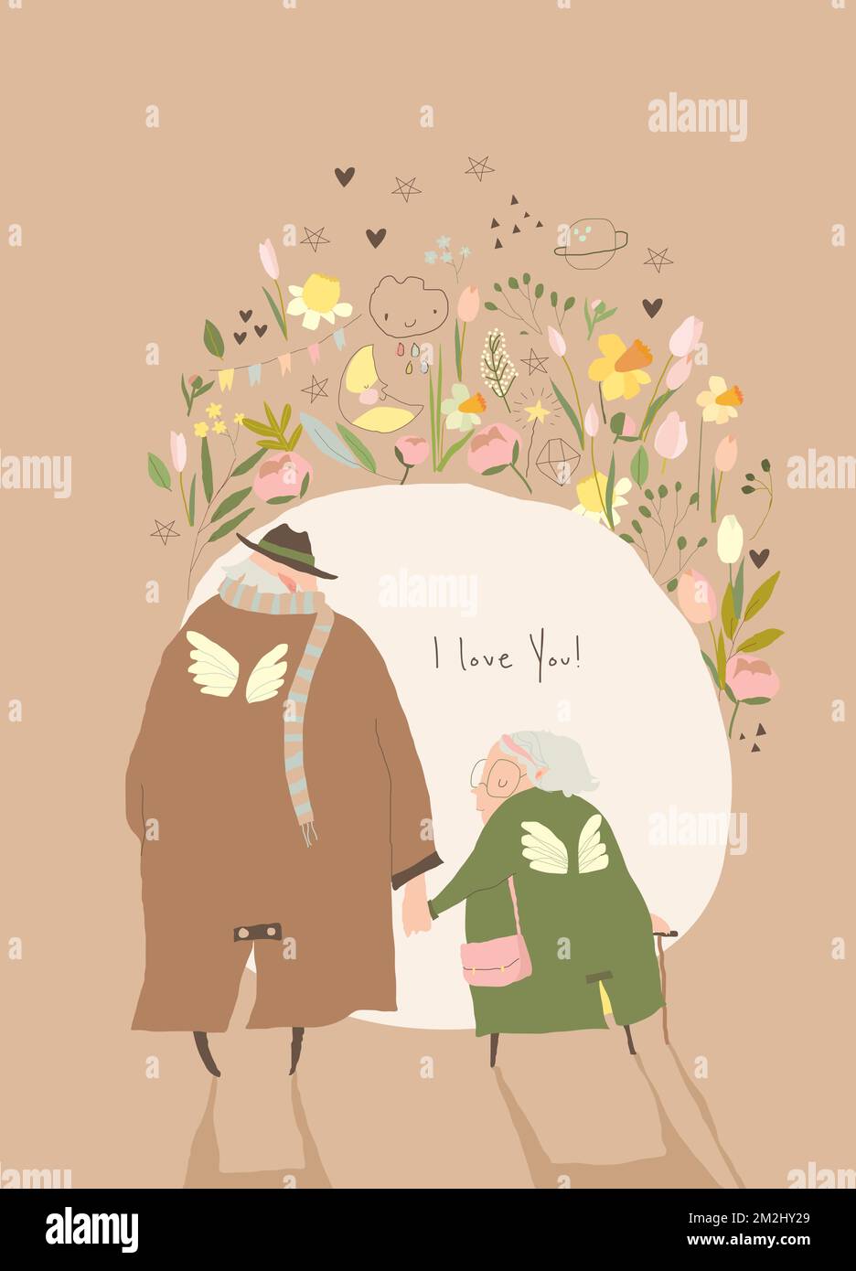 Cartoon Elderly Couple in Love walking under the Moon Stock Vector ...