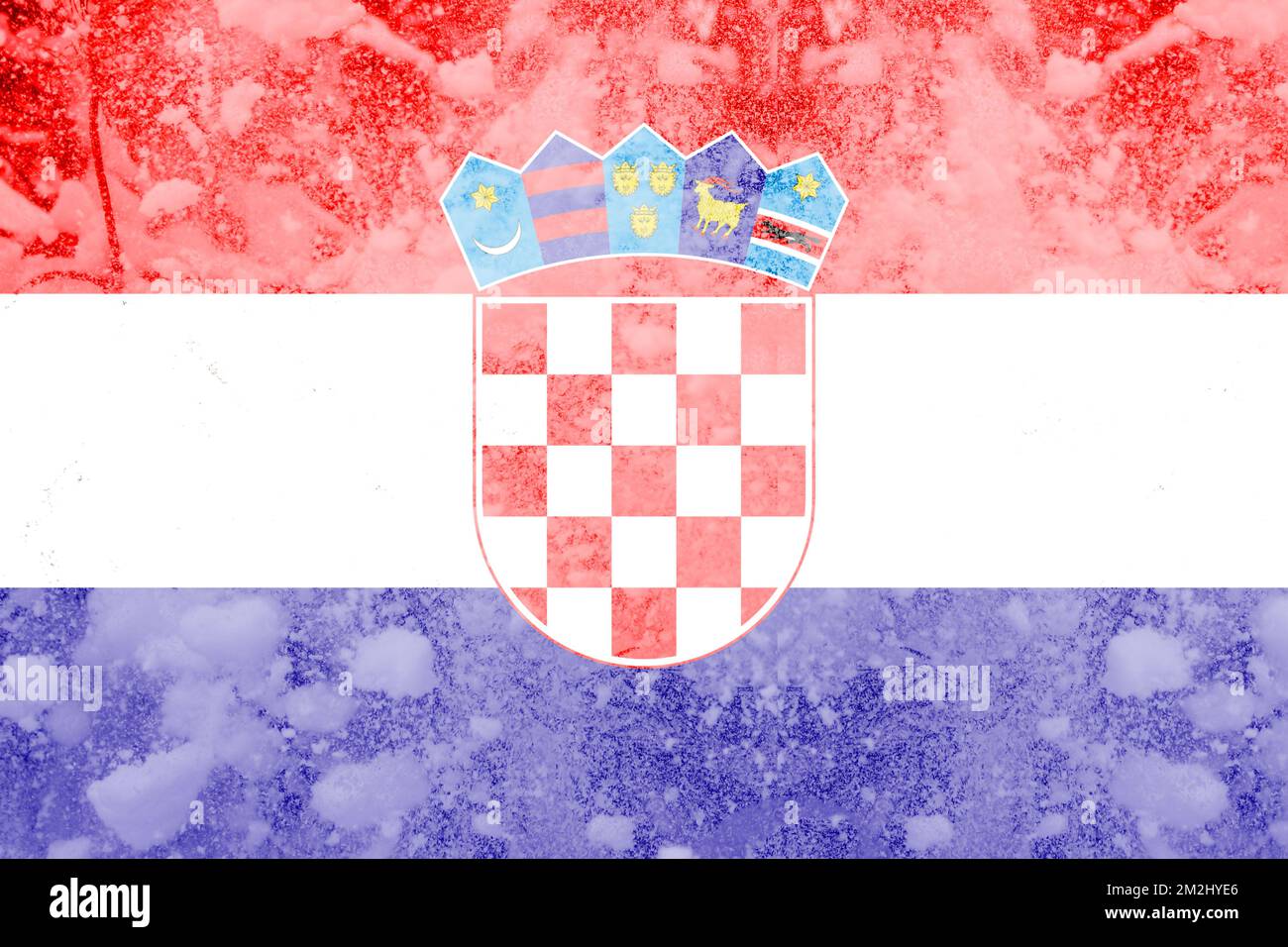 Defocus cold winter in Croatia. The concept of the energy crisis and the increasing demand for electricity. Croatia flag snow holiday. Out of focus. Stock Photo