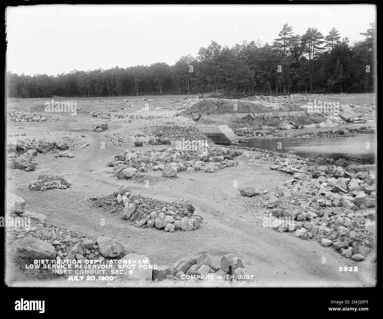 Distribution Department, Low Service Spot Pond Reservoir, inlet conduit, Section 6 (compare with No. 3037), Stoneham, Mass., Jul. 20, 1900 , waterworks, reservoirs water distribution structures, construction sites Stock Photo