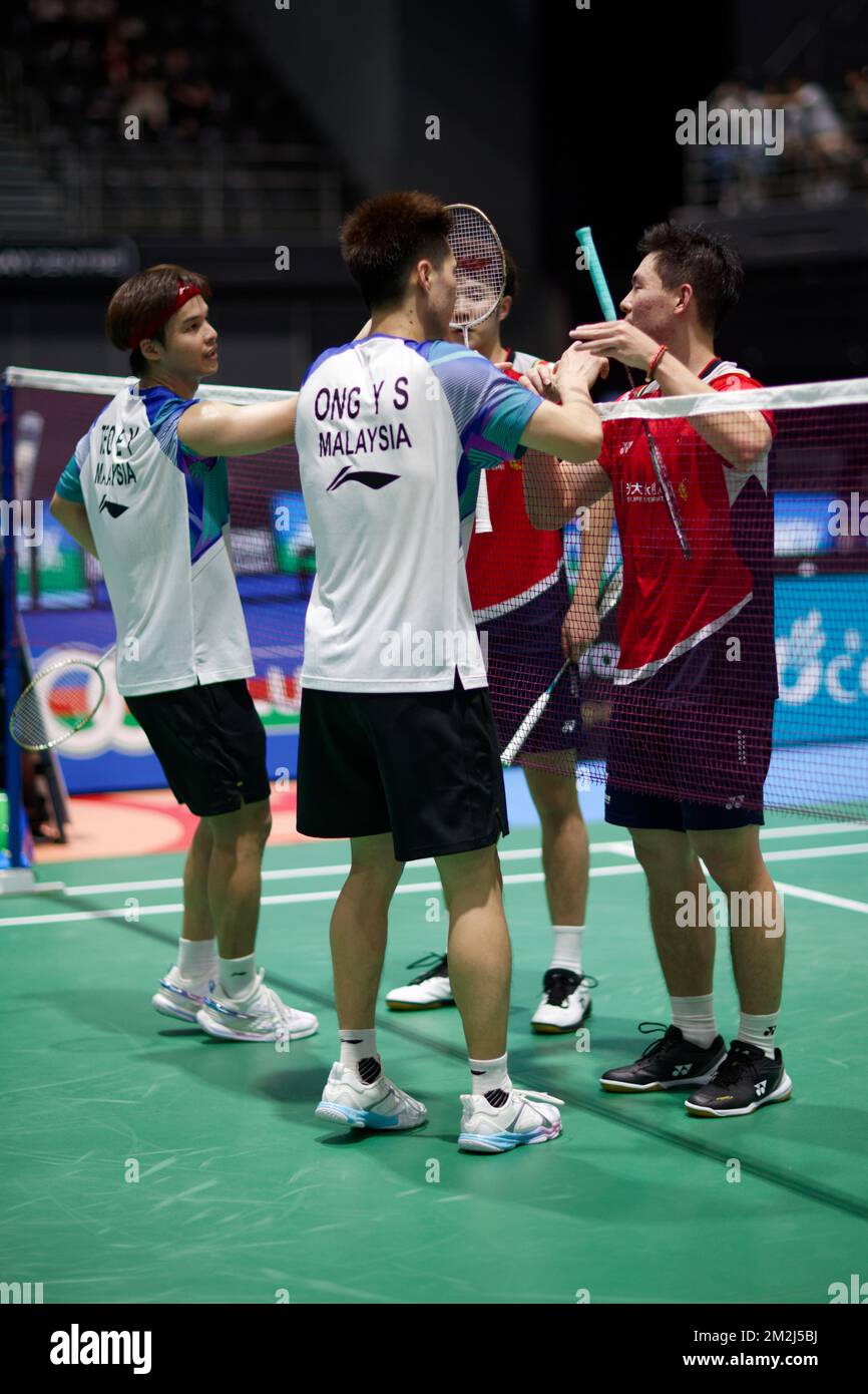 ONG Yew Sin and TEO Ee Yi of Malaysia thanks HE Ji Ting and ZHOU Hao Dong of China after winning the mens semi finals doubles match between ONG-TEO an Stock Photo