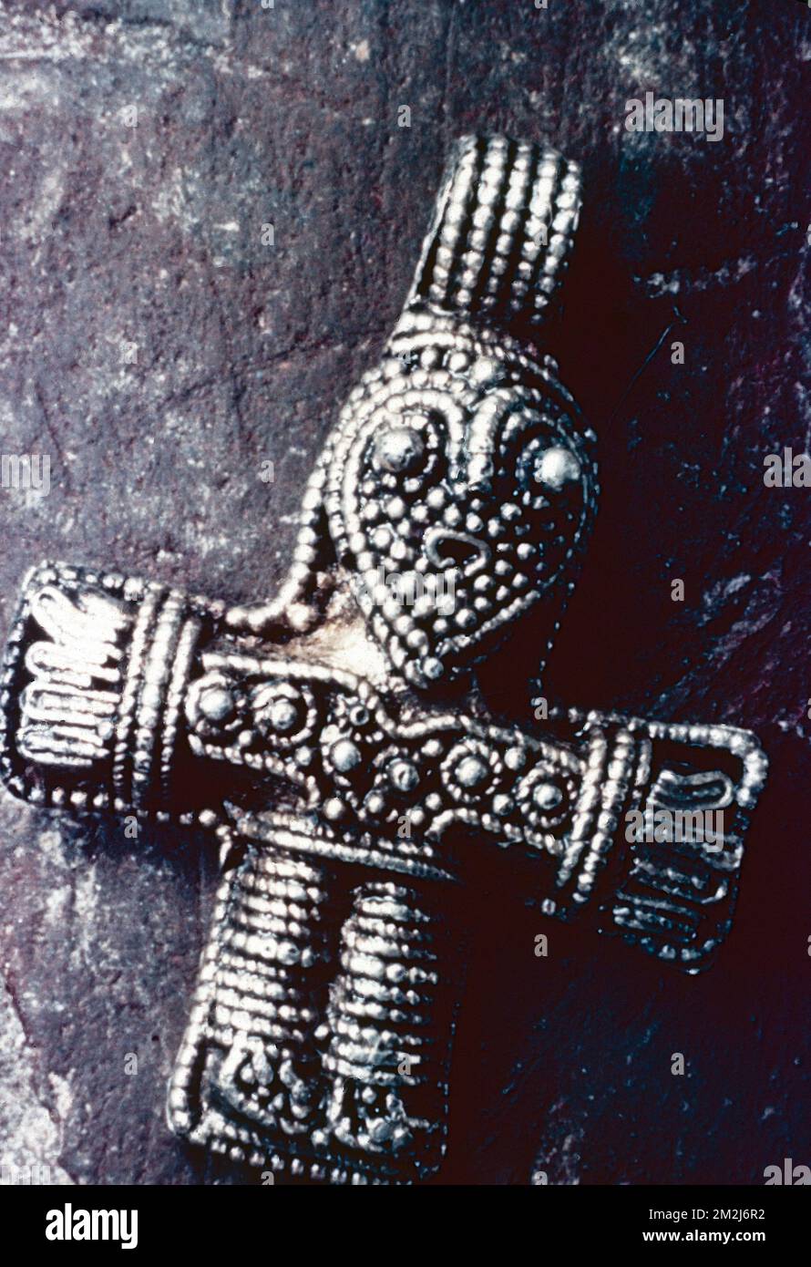 Silver crucifix from Birka trading place, 10th Century, History Museum, Sweden 1950s Stock Photo