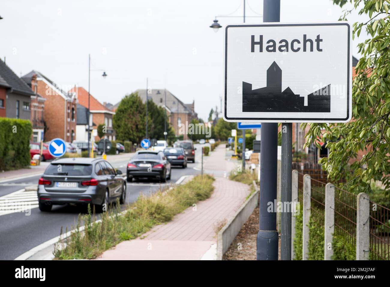 Illustration shows the name of the Haacht municipality on a road sign ...