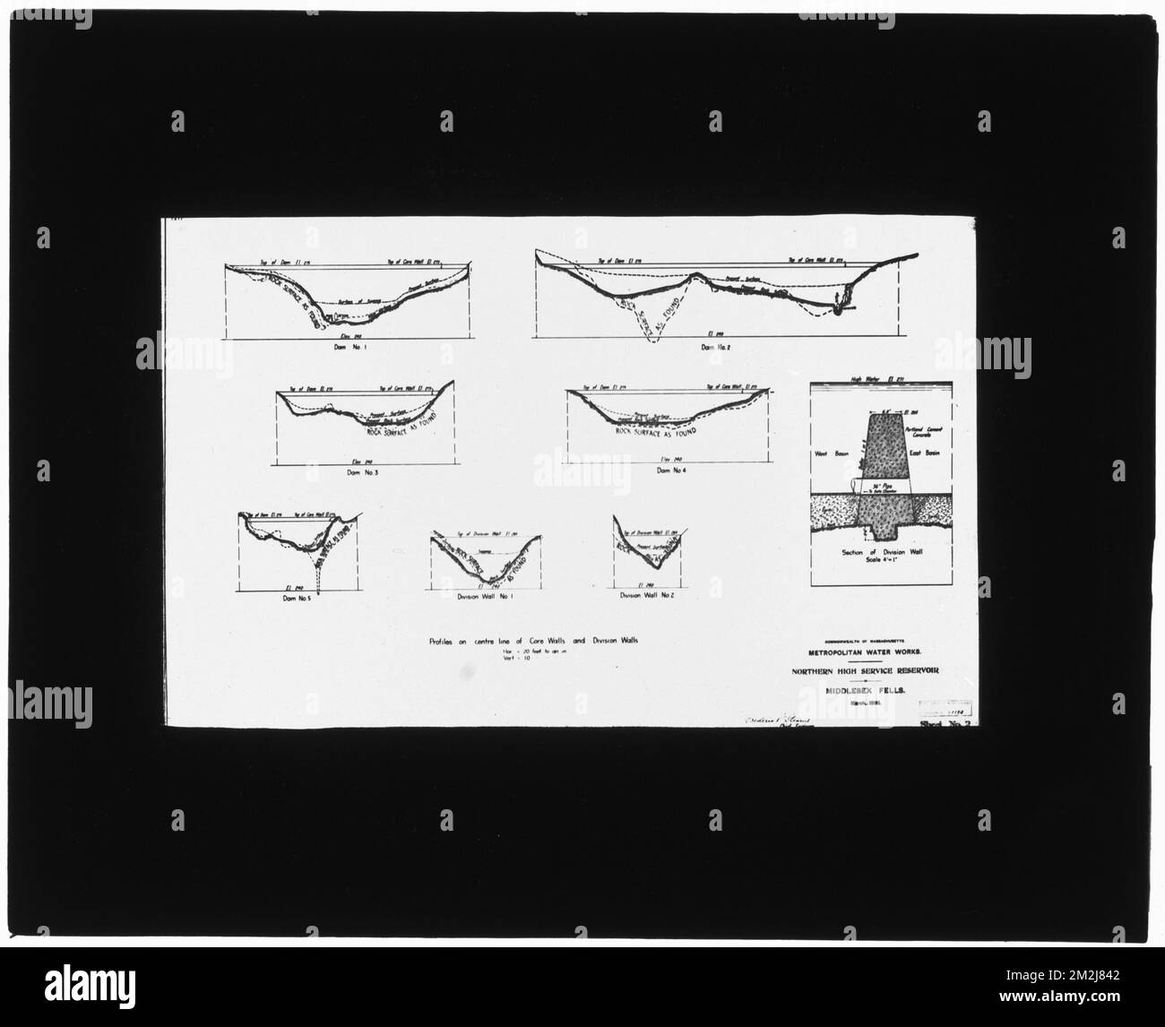 Distribution Department, Northern High Service Middlesex Fells Reservoir, profiles on center line of core walls and division walls, Sheet 2, Acc. No. B1193 (engineering plan), Mass., Mar. 1898 , waterworks, reservoirs water distribution structures, engineering maps Stock Photo