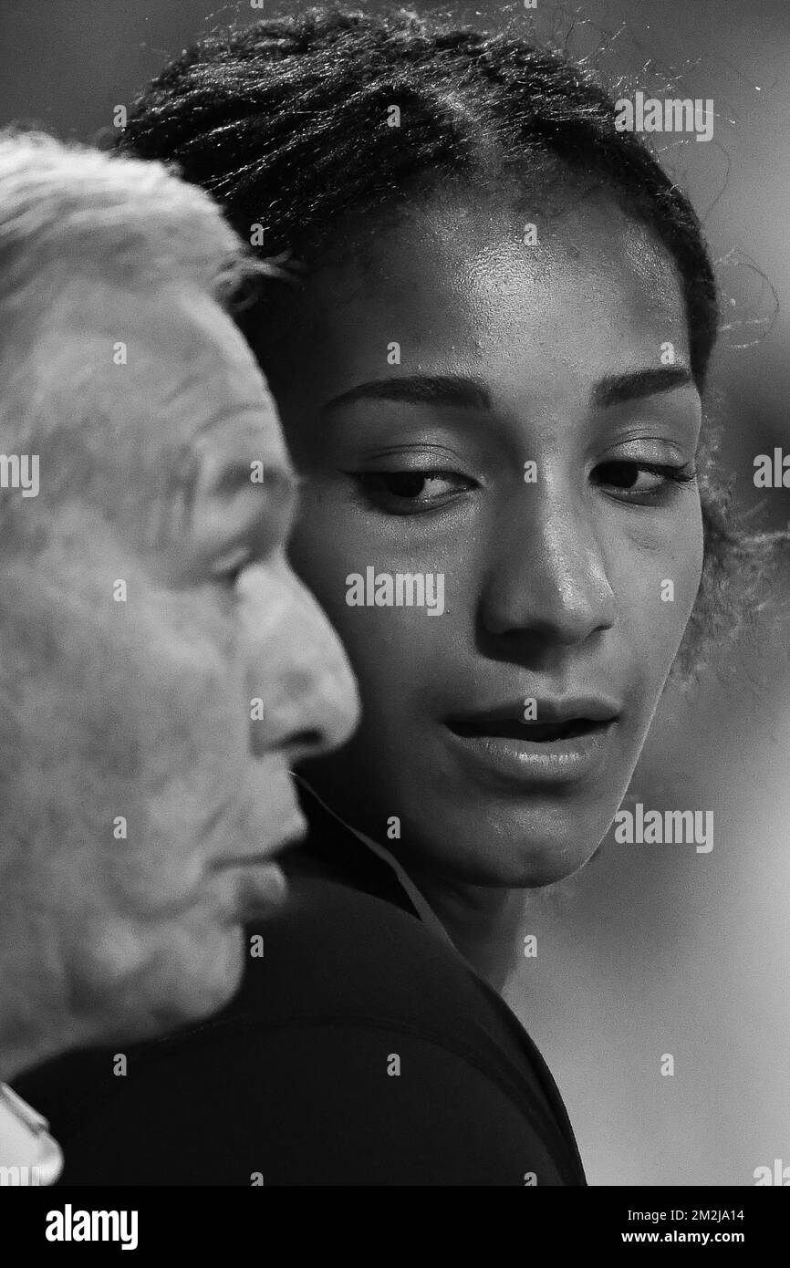 coach Roger Lespagnard and Belgian Nafissatou Nafi Thiam pictured during the 2018 edition of the AG Insurance Memorial Van Damme IAAF Diamond League athletics meeting, Friday 31 August 2018 in Brussels. BELGA PHOTO LAURIE DIEFFEMBACQ Stock Photo
