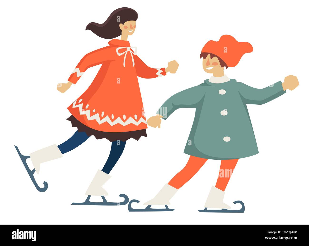 Mom and kid figure skating on ice rink Stock Vector