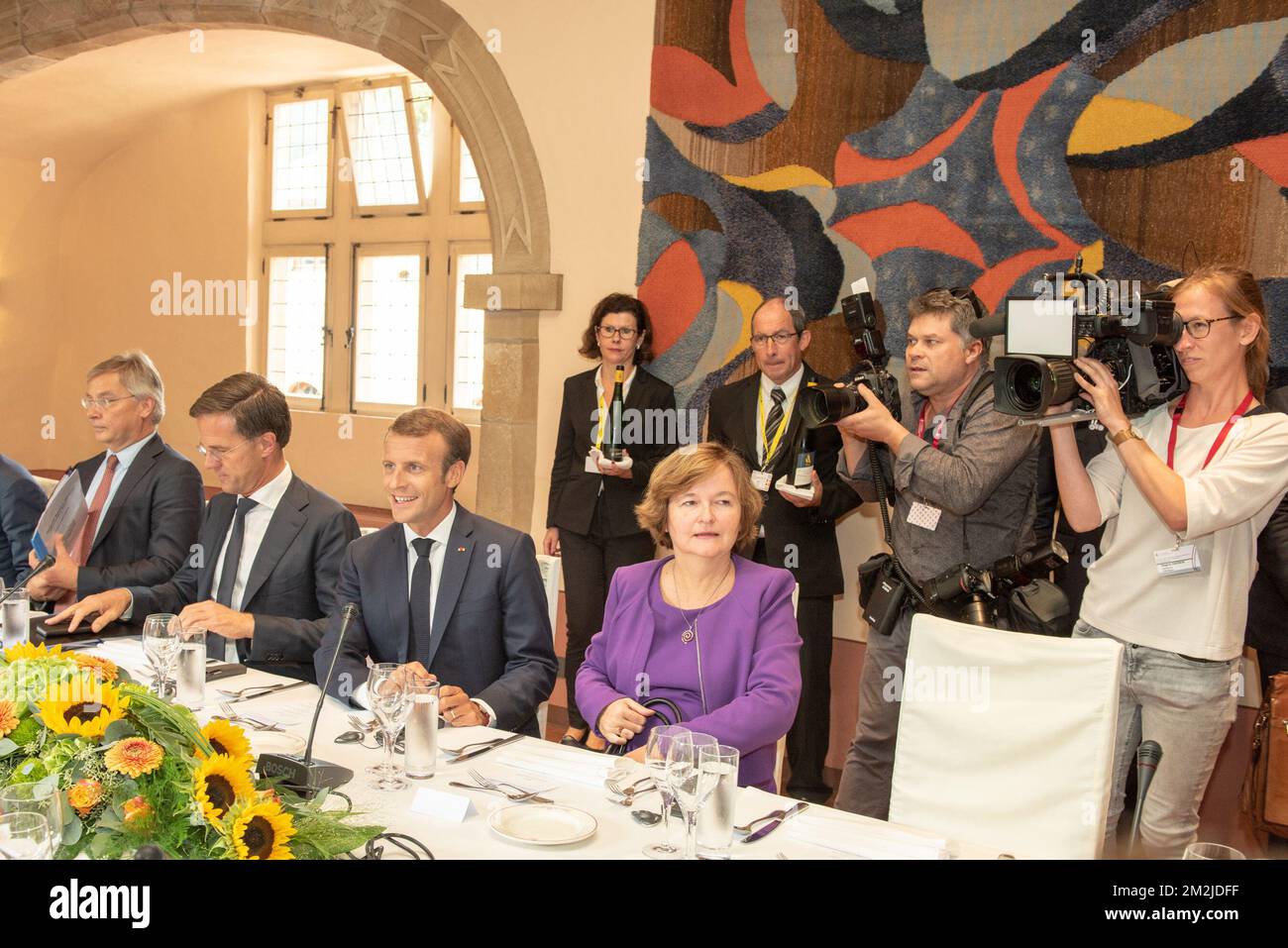 L-R, Dutch PM adviser for Europe, Michael Stibbe, Dutch Prime Minister Mark Rutte, French President Emmanuel Macron and French Minister for European Affairs, Nathalie Loiseau pictured at a working meeting between the government leaders of Luxembourg, Belgium, the Netherlands and France, Thursday 06 September 2018 in Bourglinster, the Grand Duchy of Luxembourg. BELGA PHOTO POOL SIP / CHARLES CARATINI  Stock Photo