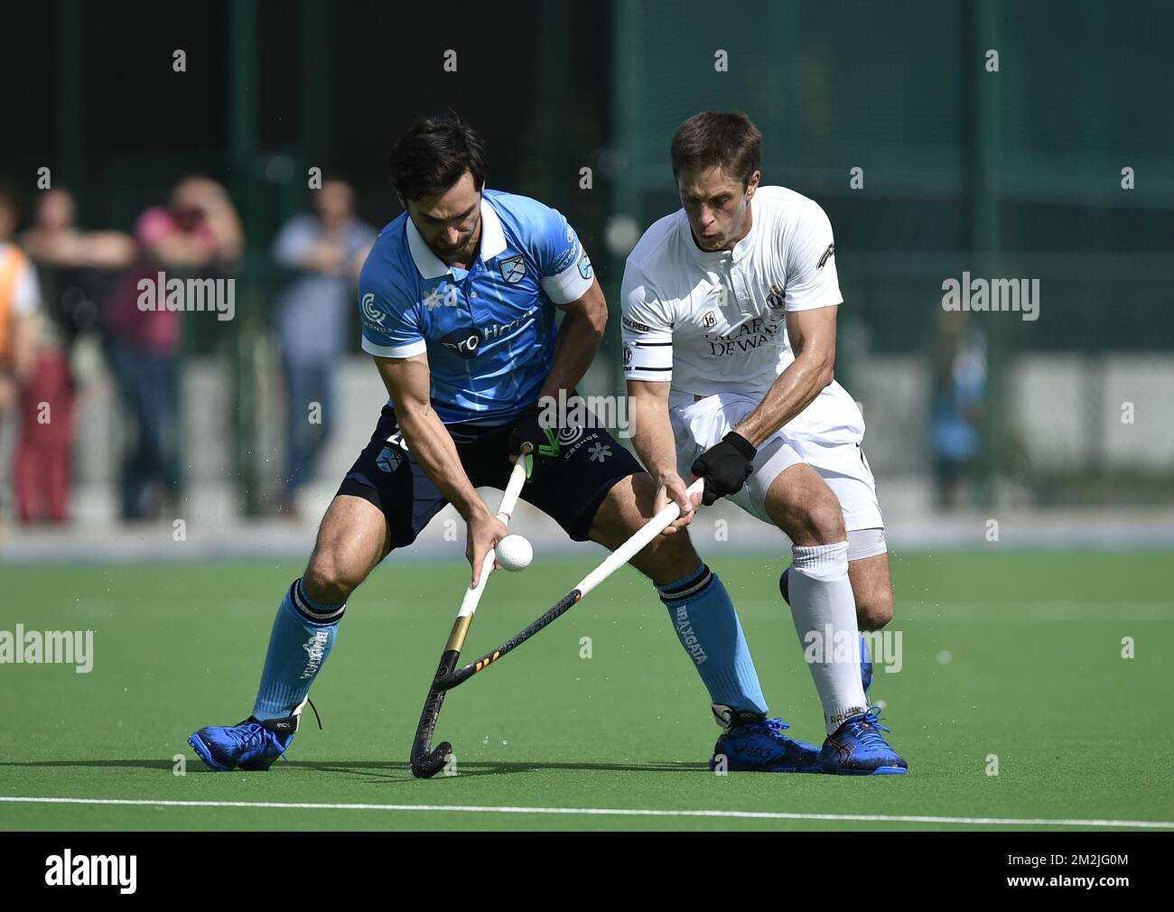 Braxgata's Loick Luypaert and Racing's Jerome Truyens fight for the ball during a hockey game between Braxgata and Royal Racing Club, in the Audi league hockey competition, Sunday 09 September 2018, in Boom. BELGA PHOTO JOHN THYS Stock Photo