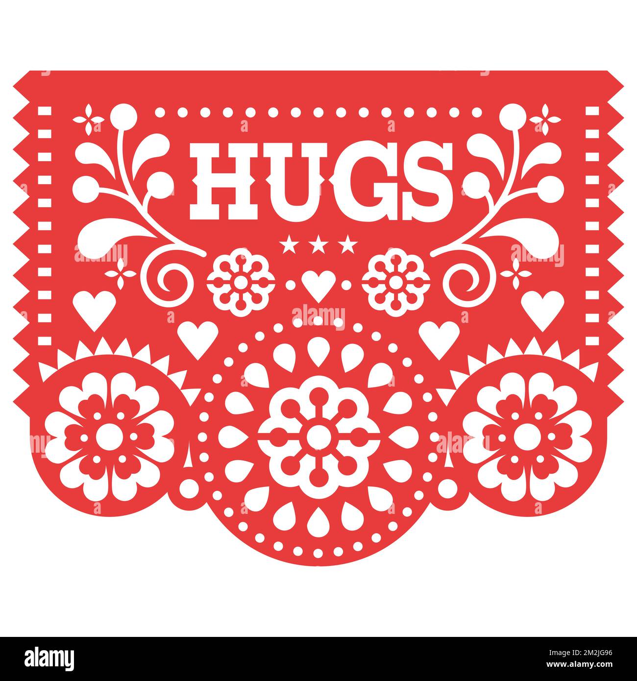 Hugs Papel Picado vector greeting card design, Valentine's Day paper cutout decoration Mexican, love and support concept Stock Vector