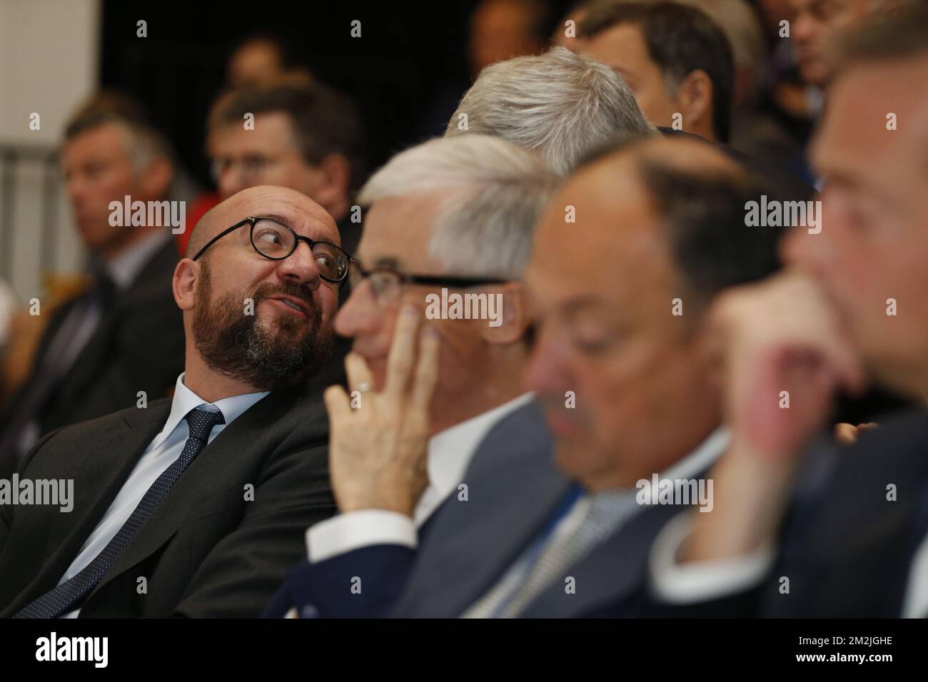 Belgian Prime Minister Charles Michel (L) pictured at a press conference of the Strategic Committee of the National Pact for Strategic Investments, Tuesday 11 September 2018, in Brussels. BELGA PHOTO NICOLAS MAETERLINCK  Stock Photo