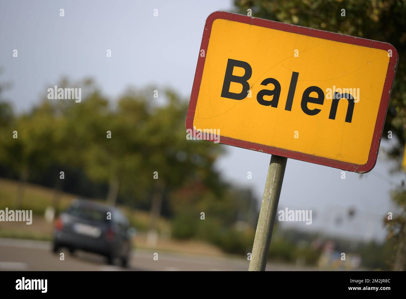 Illustration shows the name of the Balen municipality on a road sign, Friday 21 September 2018. BELGA PHOTO YORICK JANSENS Stock Photo