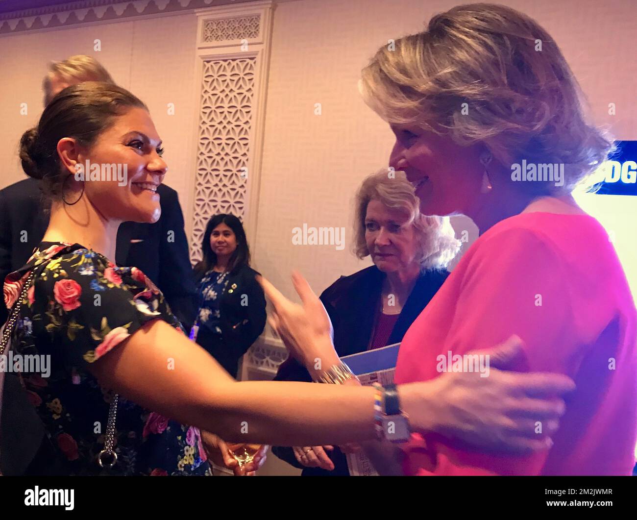 Crown Princess Victoria of Sweden meets with Queen Mathilde of Belgium during 20th Anniversary Schwab Foundation reception in marge of the 73th session of the United Nations General Assembly (UNGA 73), in New York City, United States of America, Sunday 23 September 2018. BELGA PHOTO ROYAL PALACE / RAFIKE YILMAZ / BENOIT DOPPAGNE Stock Photo