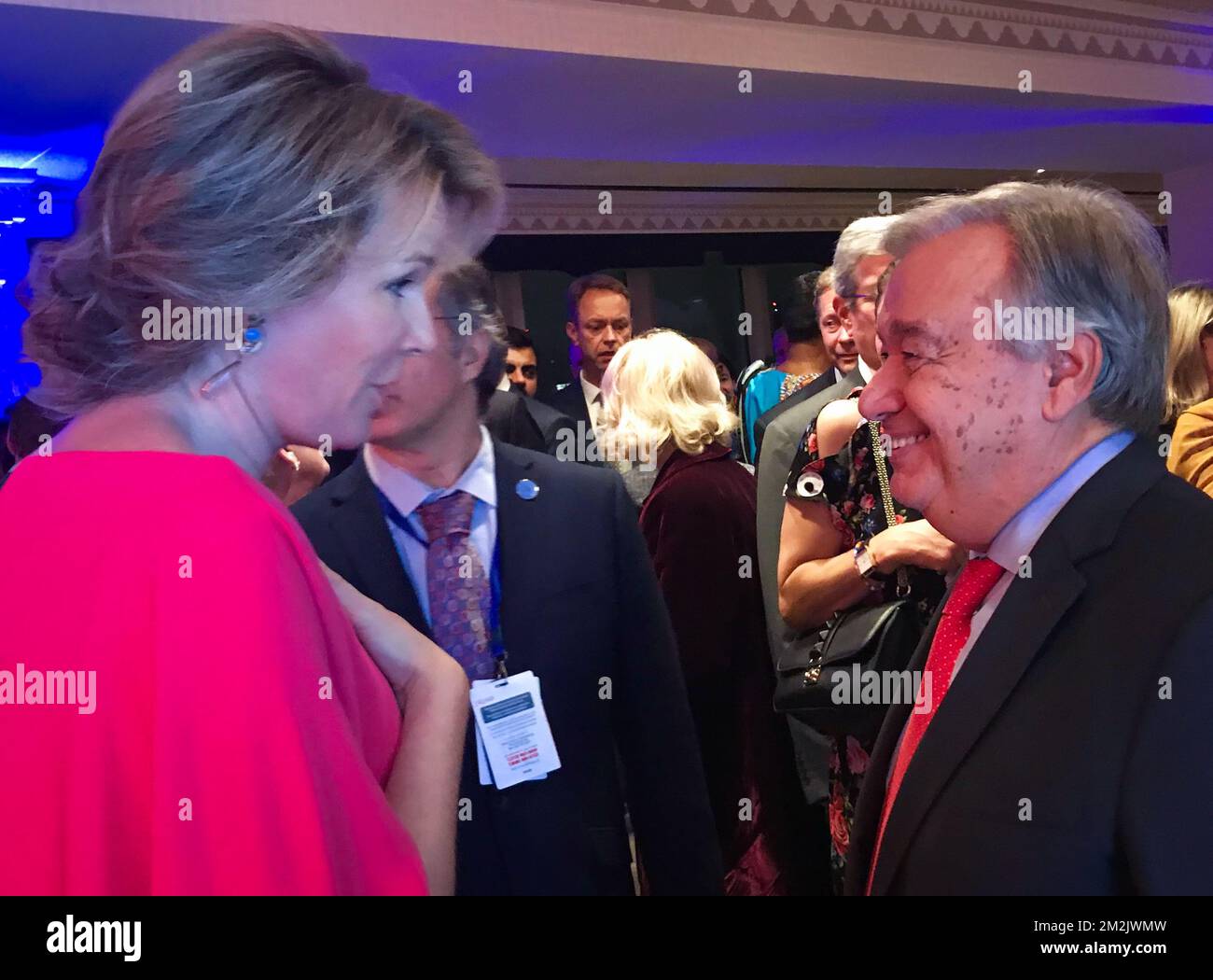 Queen Mathilde of Belgium meets with UN Secretary-General Antonio Guterres during 20th Anniversary Schwab Foundation reception in marge of the 73th session of the United Nations General Assembly (UNGA 73), in New York City, United States of America, Sunday 23 September 2018. BELGA PHOTO ROYAL PALACE / RAFIKE YILMAZ / BENOIT DOPPAGNE Stock Photo