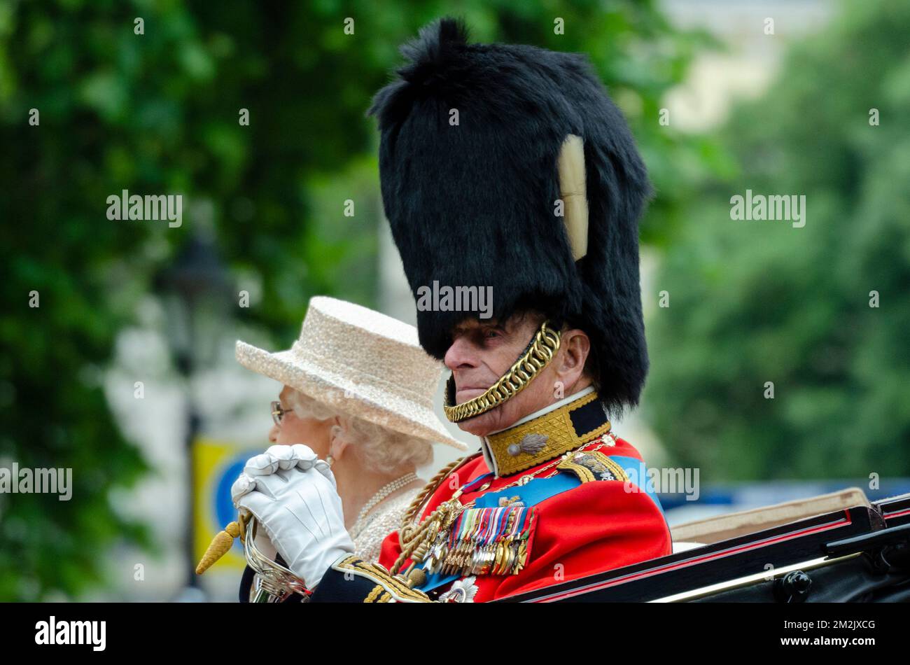 Prince Philip, Duke of Edinburgh in a carriage during Trooping the Colour 2015 in The Mall, London, UK. Wearing military uniform. With the Queen Stock Photo