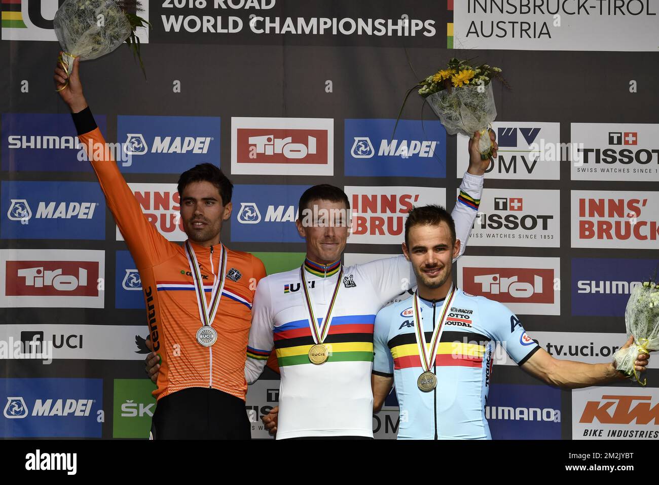 Dutch silver medalist Tom Dumoulin of Team Sunweb, Australian gold medalist Rohan Dennis and Belgian bronze medalist Victor Campenaerts celebrate on the podium of the men's elite individual time trial race at the 2018 UCI Road World Championships Cycling in Innsbruck, Tirol, Austria, Wednesday 26 September 2018. This year's Worlds are taking place from 22 to 30 September. BELGA PHOTO ERIC LALMAND  Stock Photo