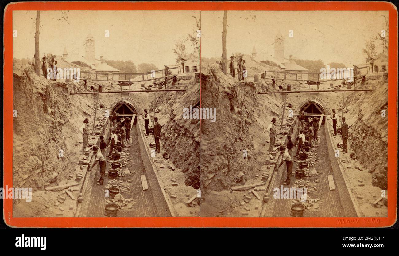 Div. 4. Sec. 19. Sept. 13, 1876. Sudbury River Conduit, B.W.W. View near Center St. , Aqueducts, Bricklaying, Construction workers Stock Photo