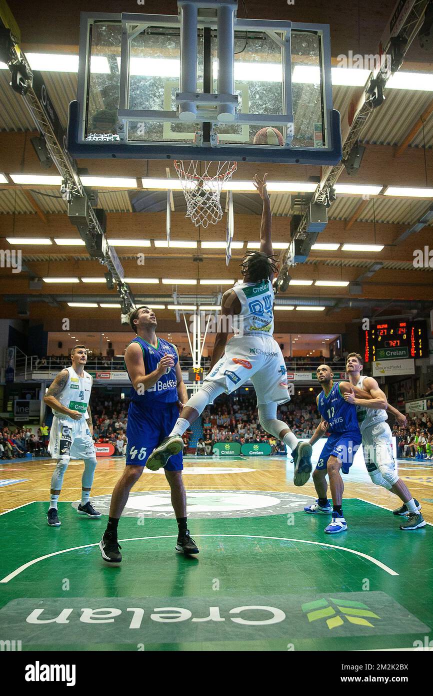 Aalstar's Mike Laster scores a goal during the basketball match between Okapi Aalstar and Mons-Hainaut, Friday 28 September 2018 in Aalst, the first game of the 'EuroMillions League' Belgian first division. BELGA PHOTO JAMES ARTHUR GEKIERE Stock Photo