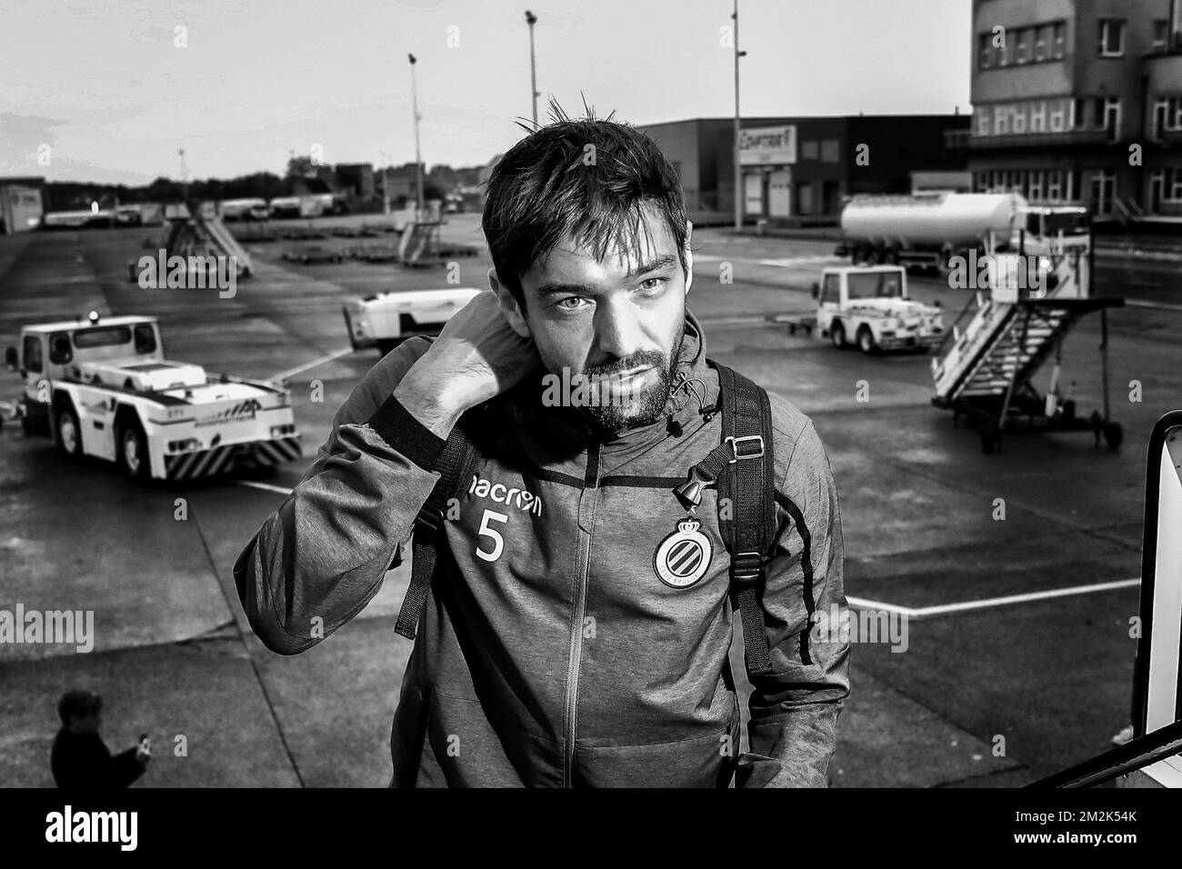 Club's Benoit Poulain pictured during the departure of Belgian soccer team Club Brugge KV for Mardid, Spain, Tuesday 02 October 2018 at Oostende Airport. Tomorrow Club will meet Spanish club Atletico Madrid on day two the UEFA Champions League, in group A. BELGA PHOTO BRUNO FAHY Stock Photo