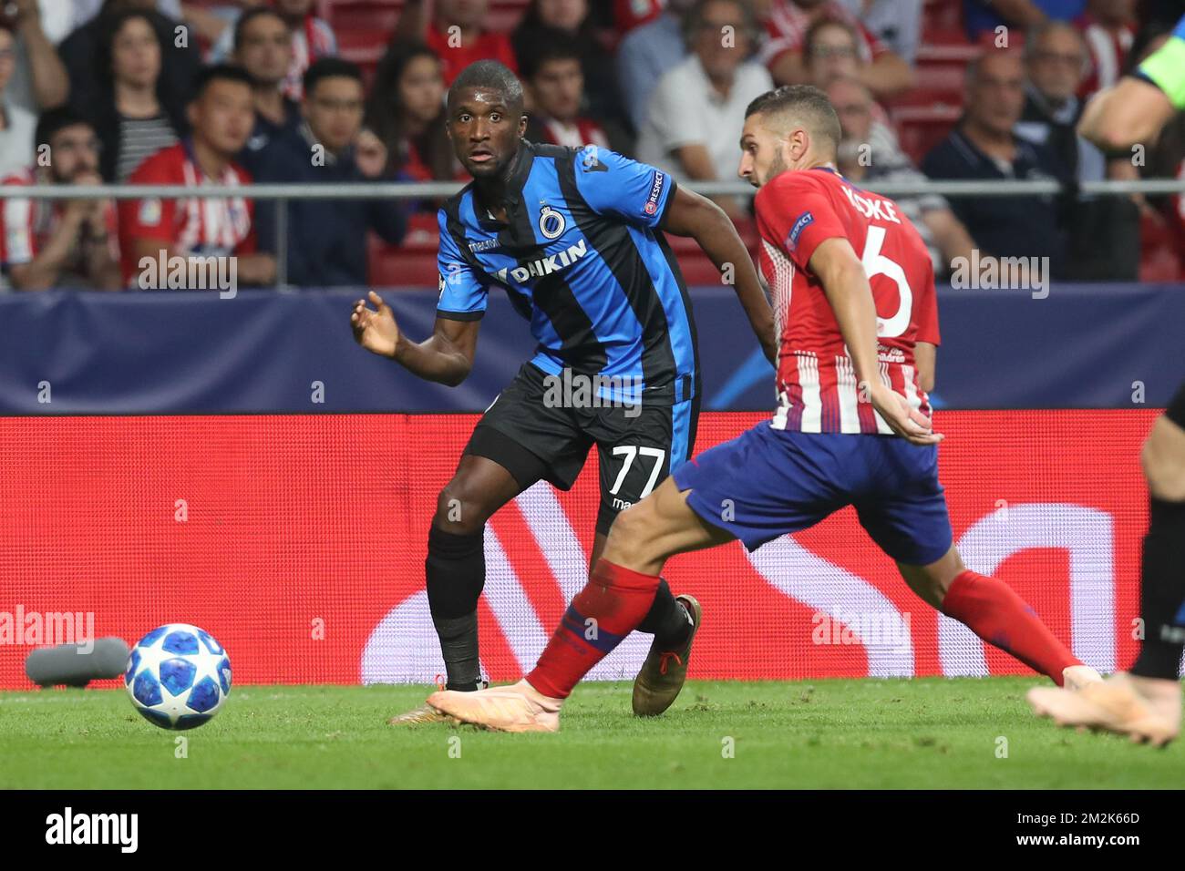 Club's Clinton Mata and Atletico's 'Koke' Jorge Resurreccion Merodio fight for the ball during the match between Belgian soccer team Club Brugge KV and Atletico Madrid, in group A on day two the UEFA Champions League, in Mardid, Spain, Wednesday 03 October 2018. BELGA PHOTO BRUNO FAHY Stock Photo
