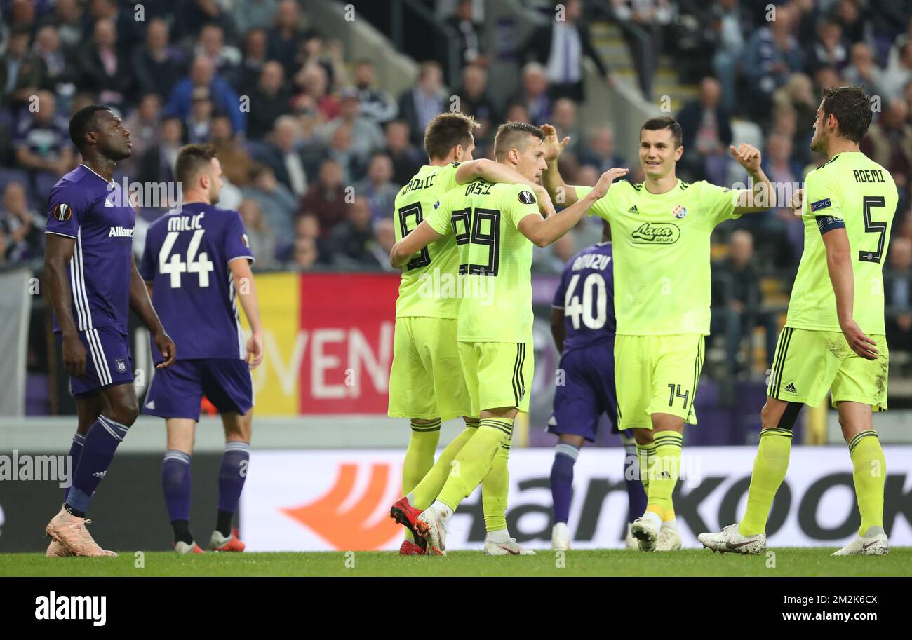 Dinamo Zagreb's midfielder Izet Hajrovic celebrates after scoring during a game of Belgian soccer team RSC Anderlecht against Croatian team Dinamo Zagreb in Anderlecht, Thursday 04 October 2018, on day two of the Europa League group stage, in group D. BELGA PHOTO VIRGINIE LEFOUR Stock Photo