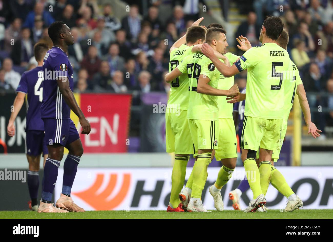Dinamo Zagreb's midfielder Izet Hajrovic celebrates after scoring during a game of Belgian soccer team RSC Anderlecht against Croatian team Dinamo Zagreb in Anderlecht, Thursday 04 October 2018, on day two of the Europa League group stage, in group D. BELGA PHOTO VIRGINIE LEFOUR Stock Photo