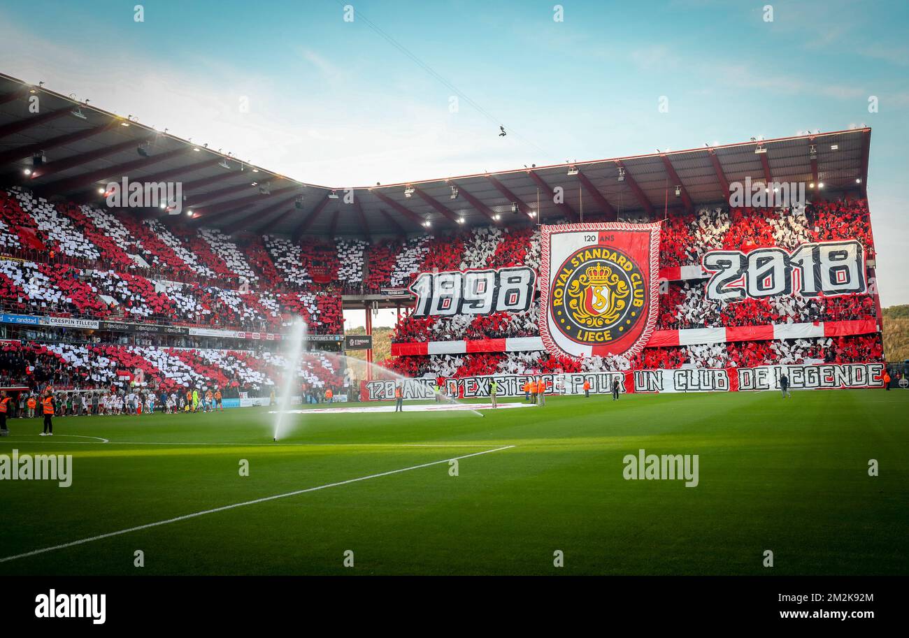 Standard's supporters with a giant tifo for the 120 years of the club pictured at the start of the Jupiler Pro League match between Standard de Liege and Club Brugge, in Liege, Sunday 07 October 2018, on the tenth day of the Jupiler Pro League, the Belgian soccer championship season 2018-2019. BELGA PHOTO Stock Photo