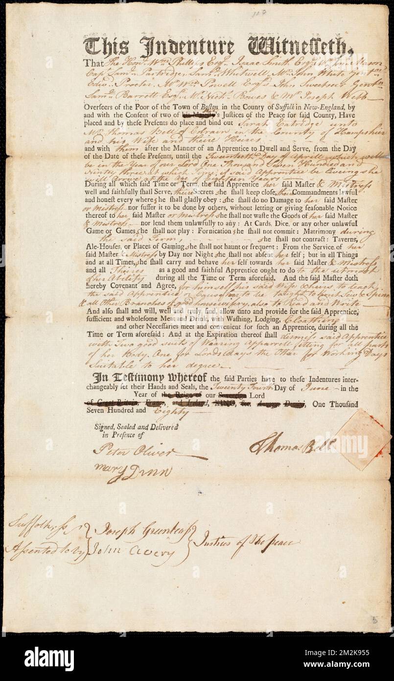 Document of indenture: Servant: Eatridge, Sarah. Master: Bell, Thomas. Town of Master: Colrain , Indentured servants, Child labor Stock Photo