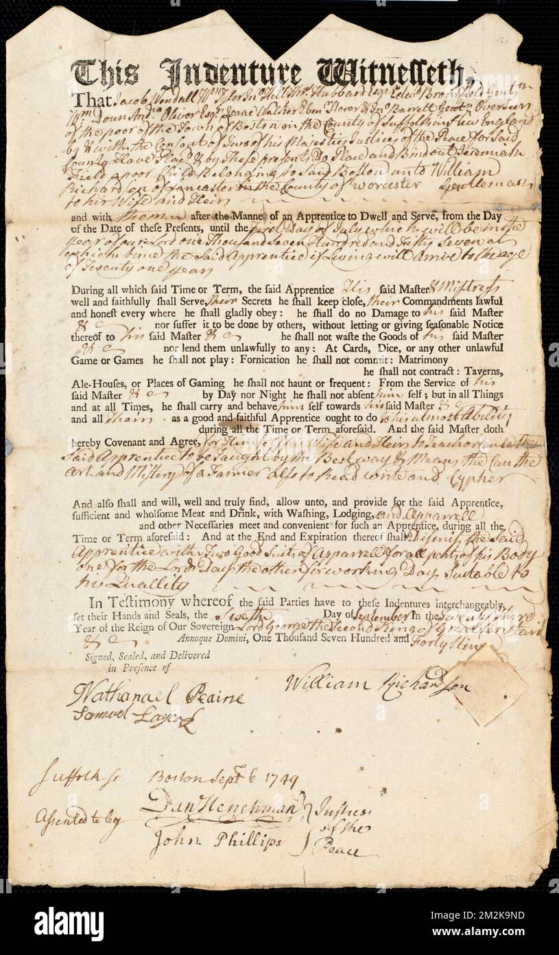 Document of indenture: Servant: Field, Jeremiah. Master: Richardson, William. Town of Master: Lancaster , Indentured servants, Child labor Stock Photo