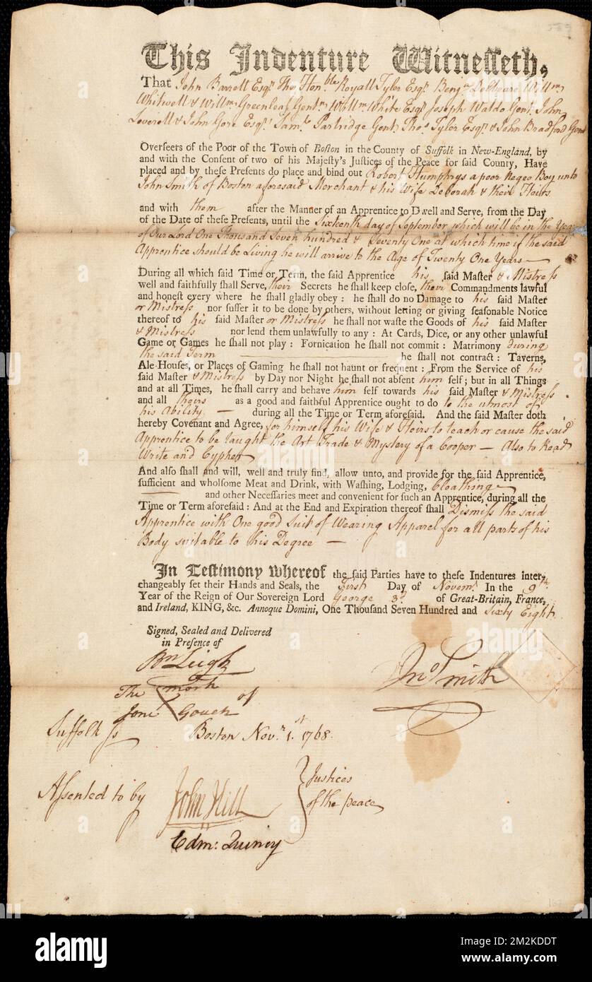 Document of indenture: Servant: Humphrys, Robert. Master: Smith, John. Town of Master: Boston , Indentured servants, Child labor Stock Photo