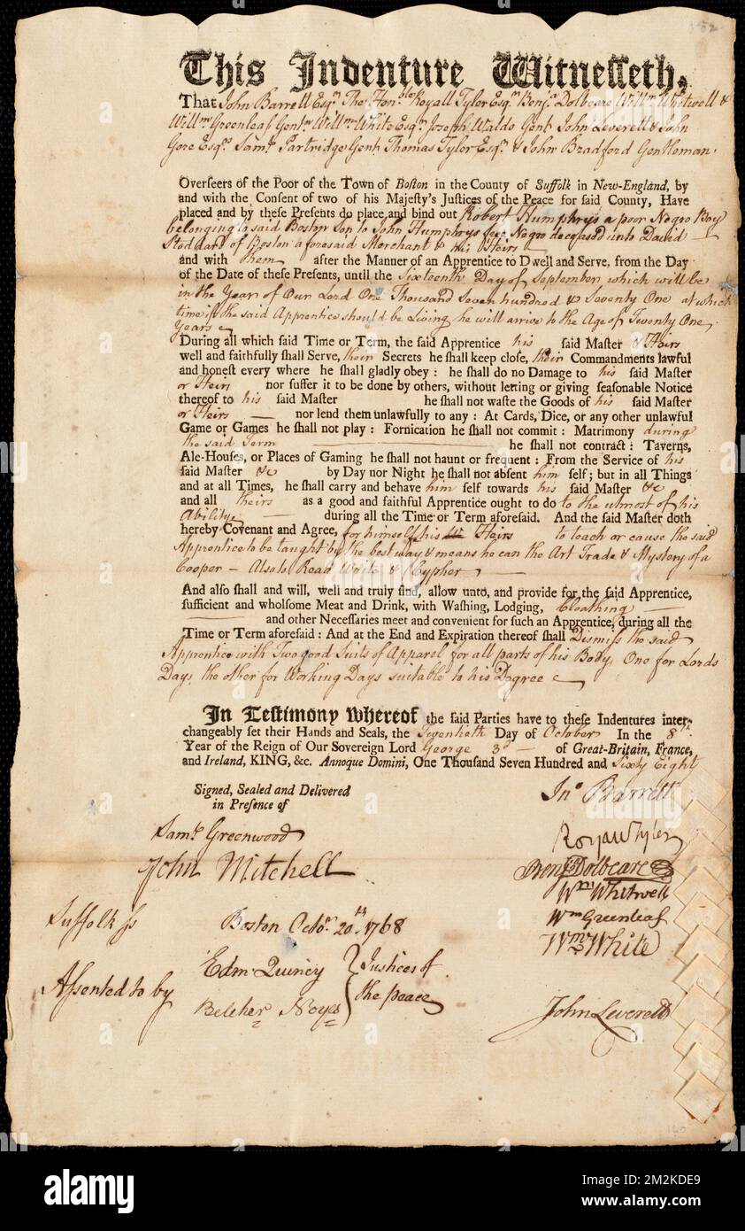 Document of indenture: Servant: Humphrys, Robert. Master: Stoddard, John [David]. Town of Master: Boston , Indentured servants, Child labor Stock Photo