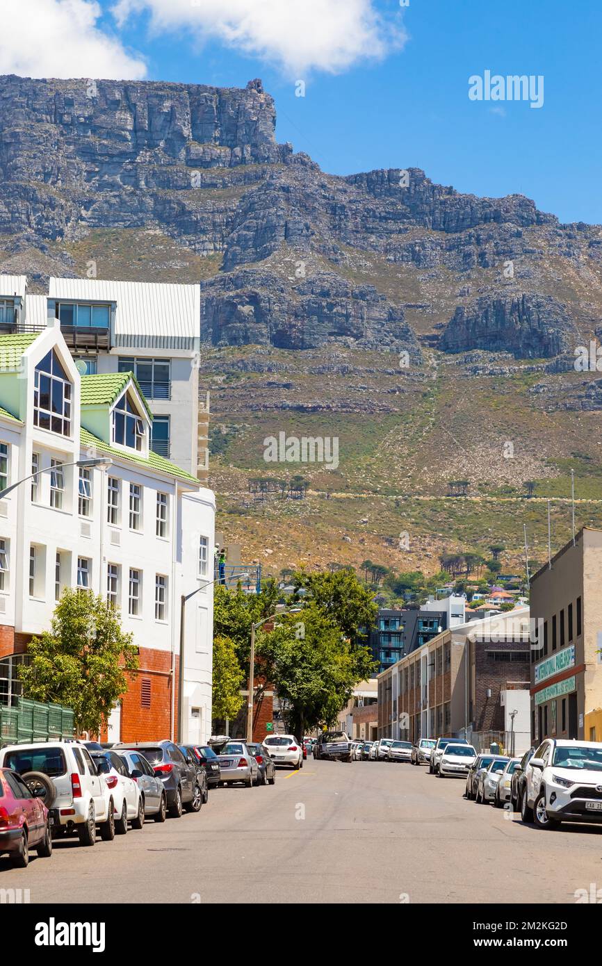 Cape Town, South Africa - December 7, 2022: Street view of city buildings with Table Mountain in background Stock Photo