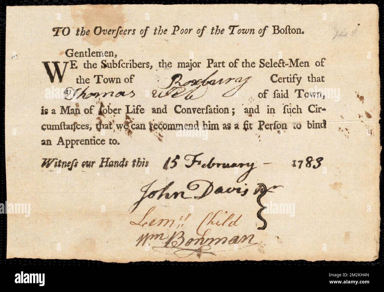 Document of indenture Servant Murry, Nancy. Master Weld, Thomas