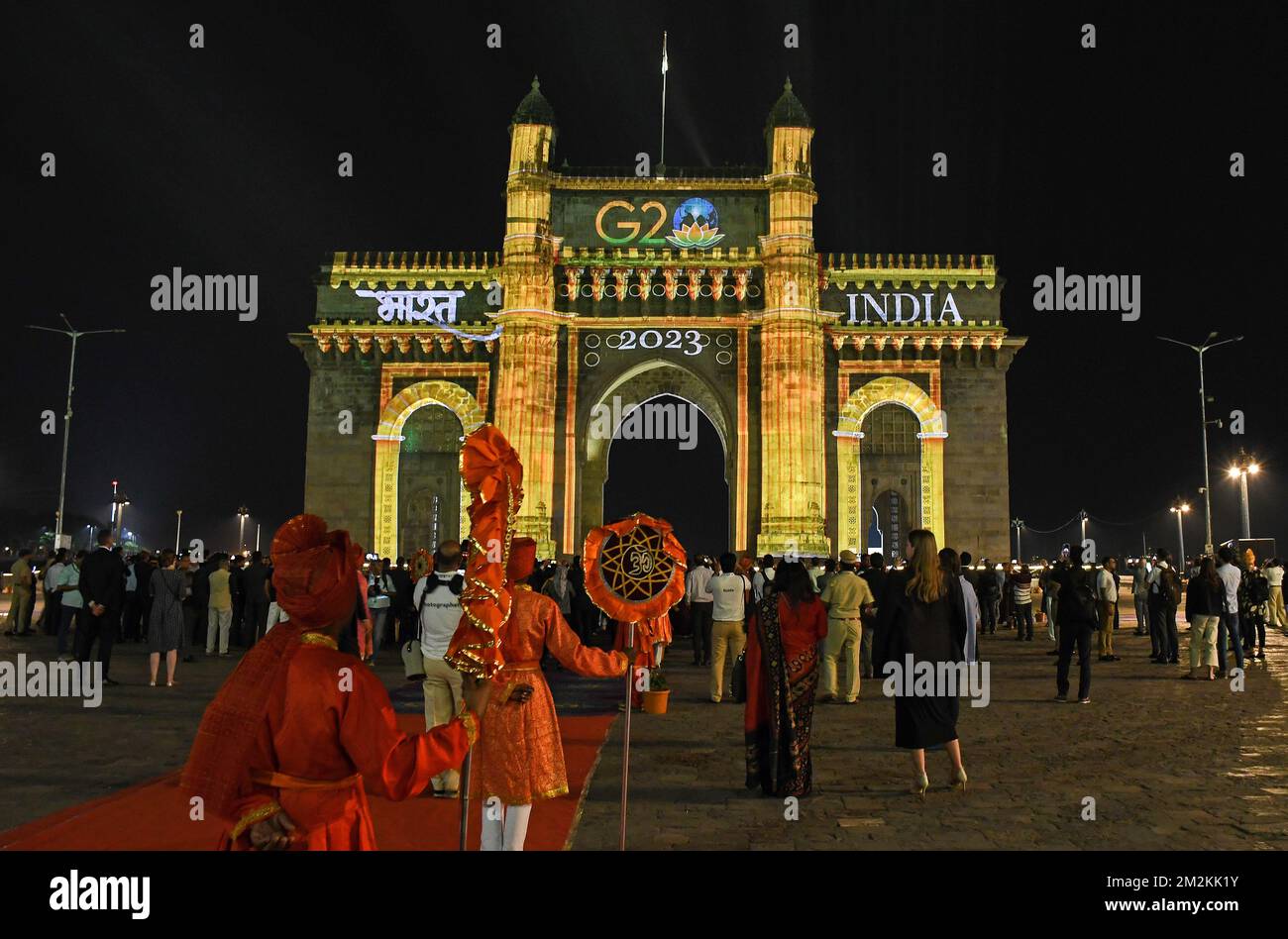 Mumbai, India. 13th Dec, 2022. Gateway of India is lit up with the G20