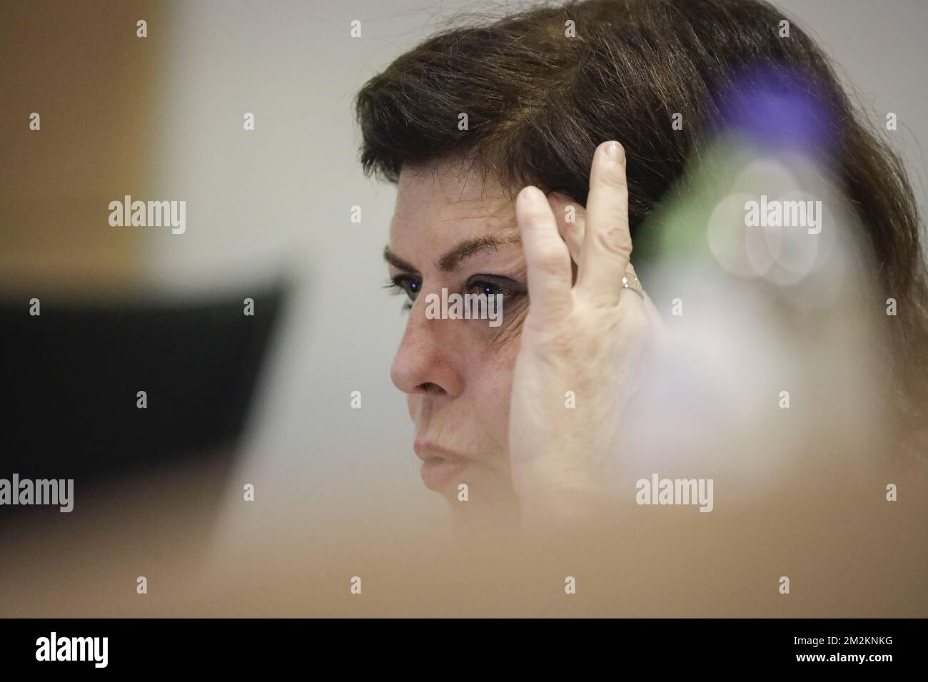 Joelle Milquet pictured during a session of the chamber commission for Justice at the federal parliament, in Brussels, Wednesday 24 October 2018. The commission has a hearing with Milquet, special advisor to the chairman of the European Commission, regarding the compensation for (terrorism) victims. BELGA PHOTO THIERRY ROGE Stock Photo