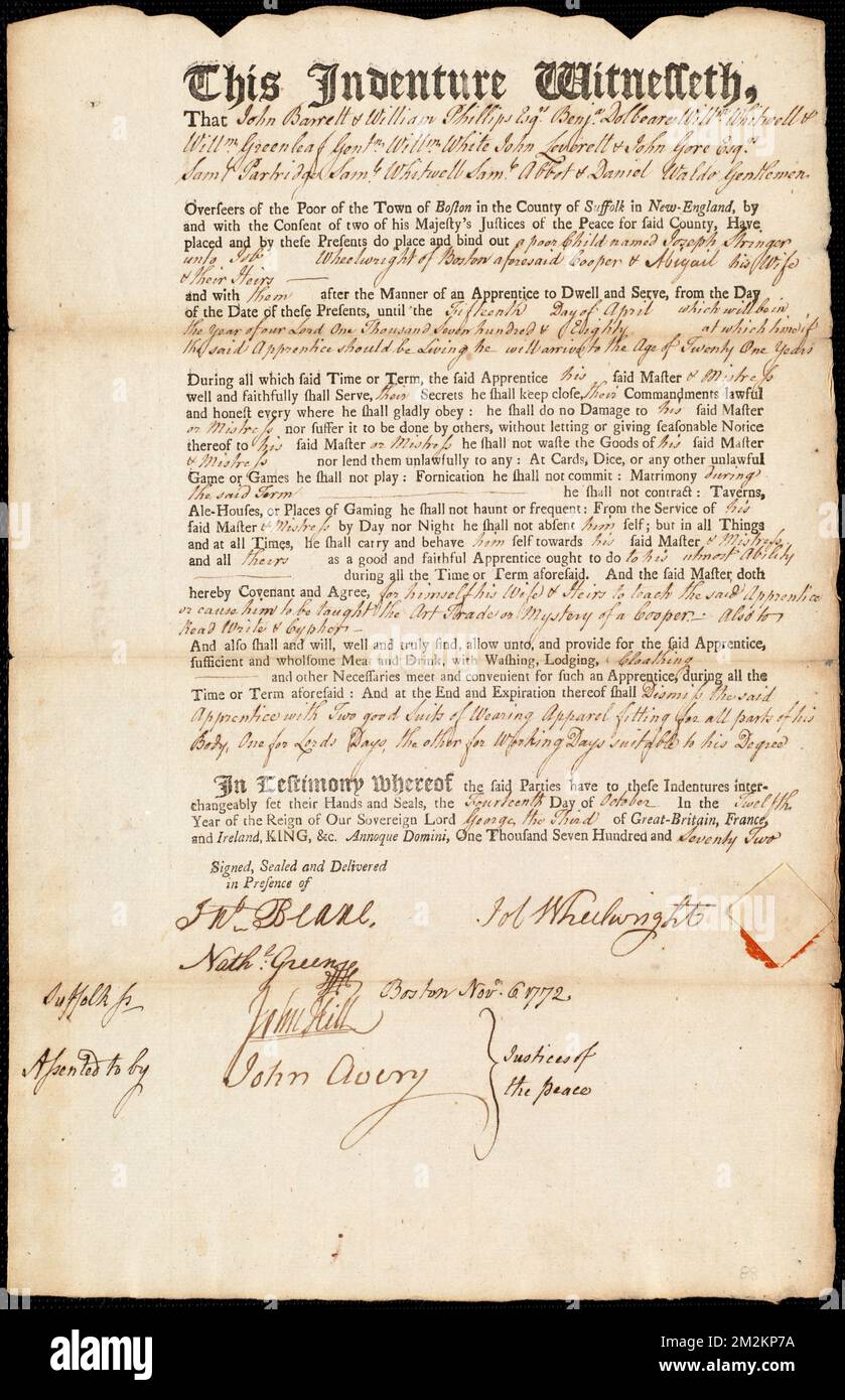 Document of indenture Servant Stringer, Joseph. Master Wheelwright