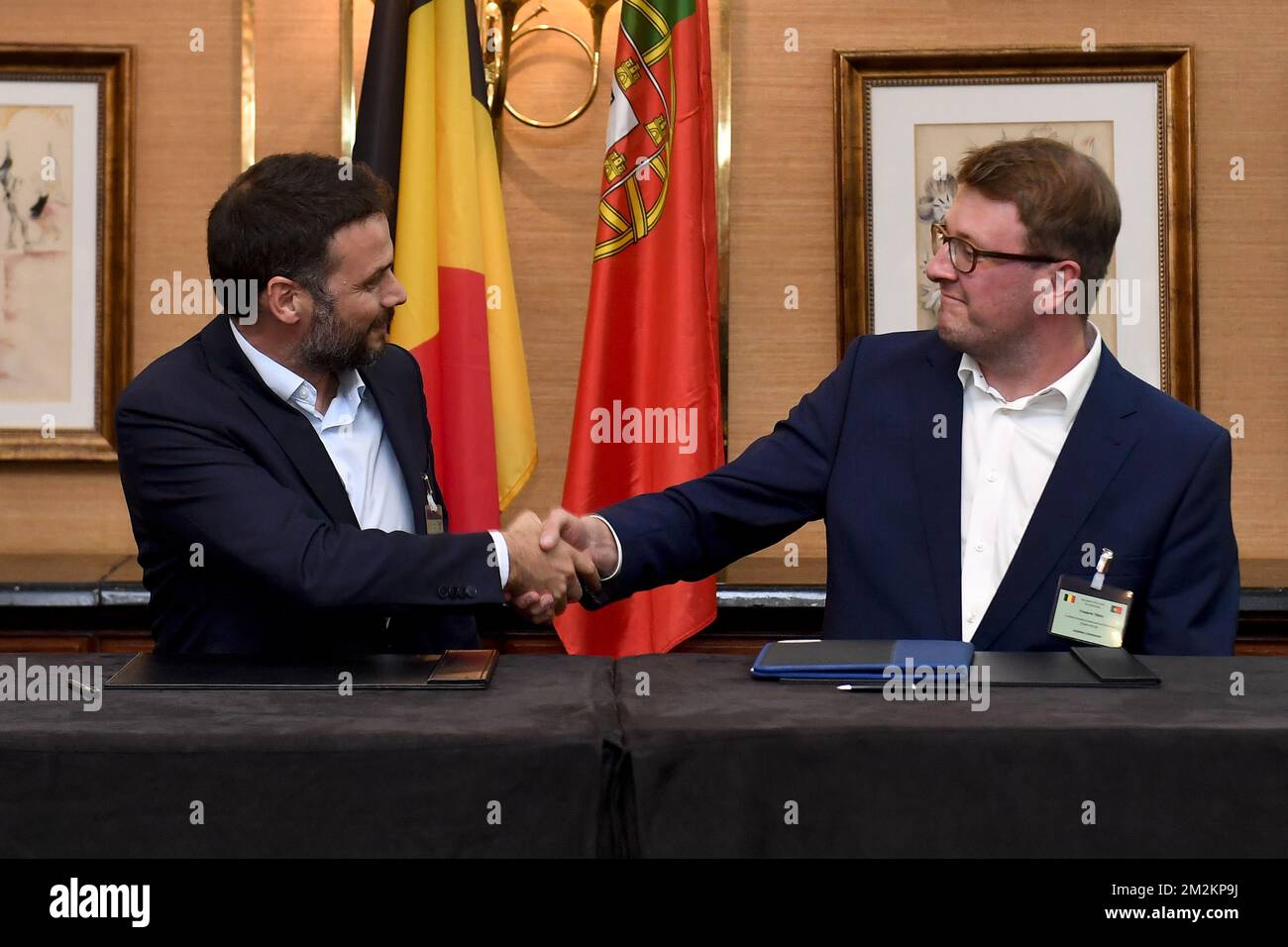 Joao Mendes Borga, Director Startup Portugal and Frederik Tibau, Content Director Startups.be pictured during the official signing ceremony on the second day of a three days state visit of the Belgian Royals to Portugal, in Lisbon, Tuesday 23 October 2018. BELGA PHOTO DIRK WAEM Stock Photo