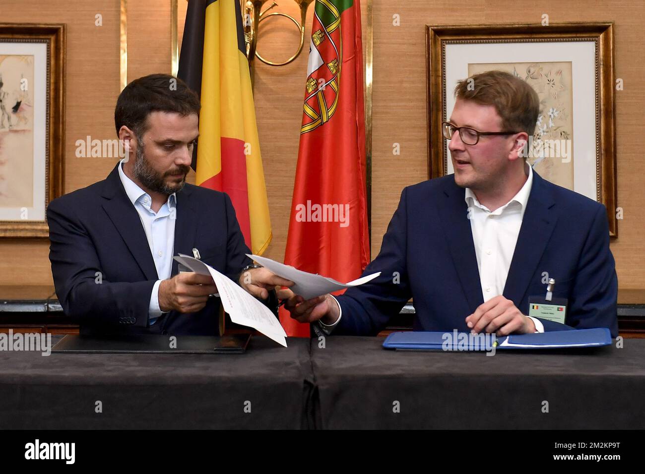 Joao Mendes Borga, Director Startup Portugal and Frederik Tibau, Content Director Startups.be pictured during the official signing ceremony on the second day of a three days state visit of the Belgian Royals to Portugal, in Lisbon, Tuesday 23 October 2018. BELGA PHOTO DIRK WAEM Stock Photo