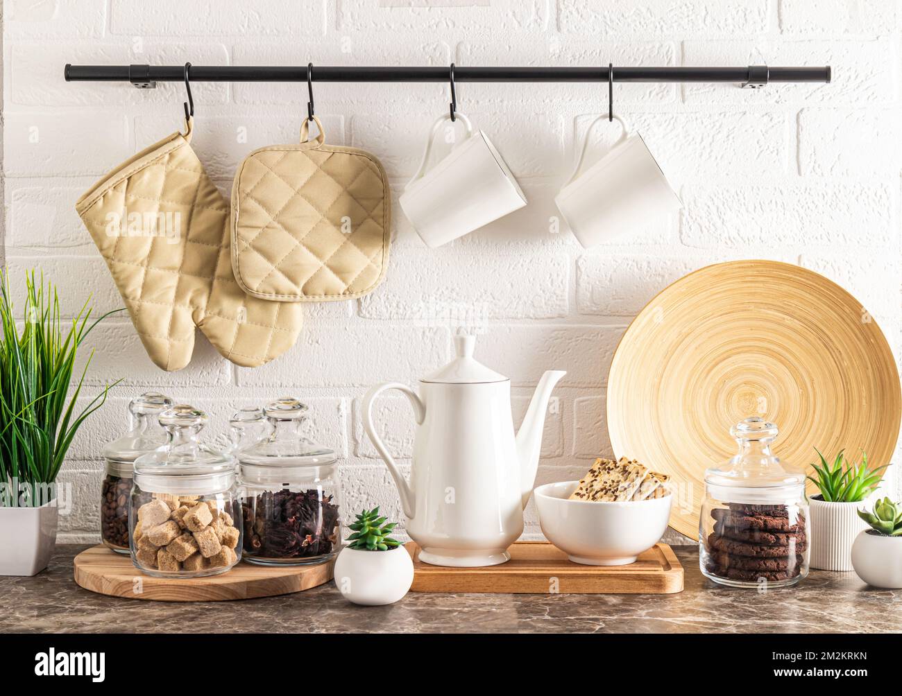 beautiful modern interior of ecologically clean kitchen. various