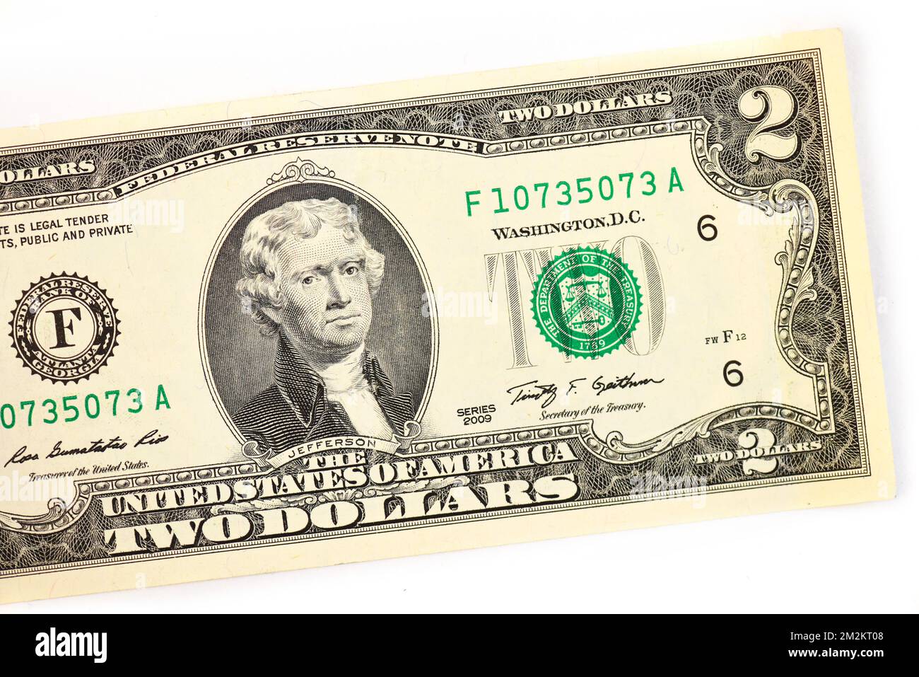 US 2 dollar bill featuring President Thomas Jefferson Stock Photo