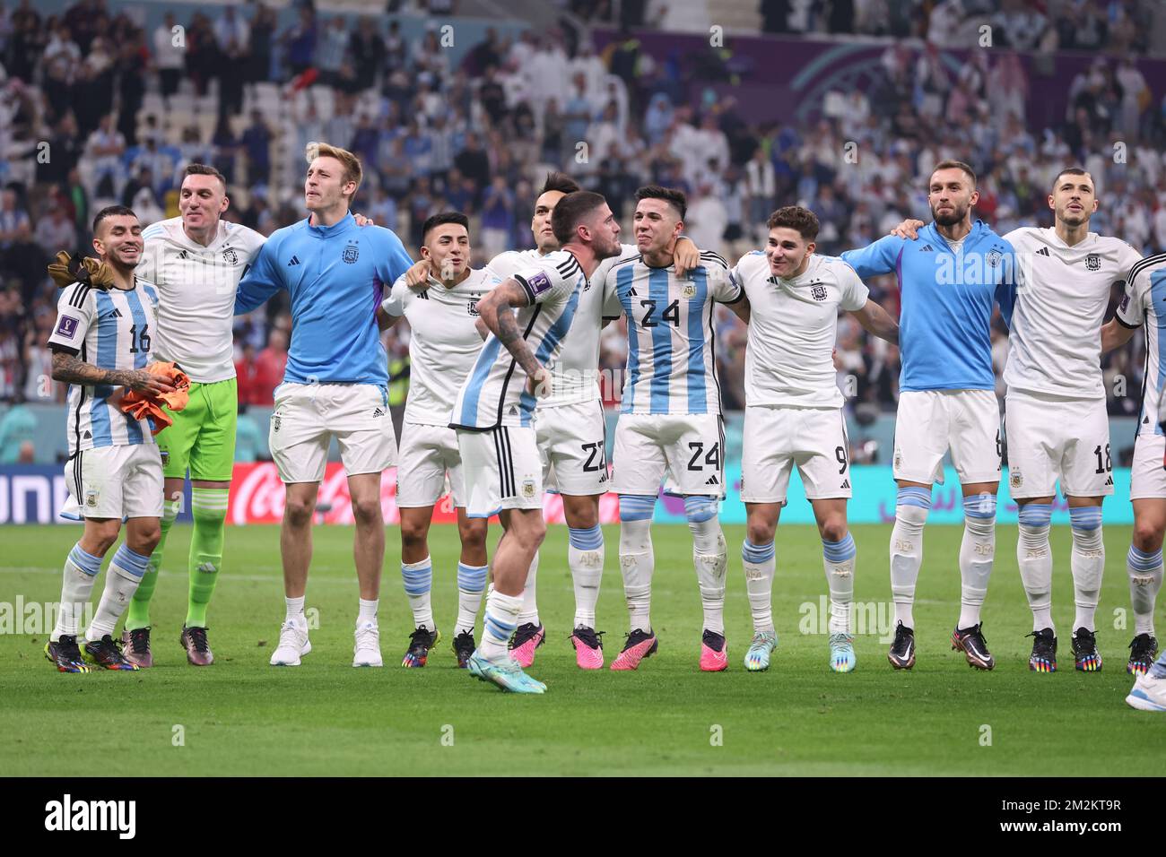LUSAIL STADIUM, QATAR - DECEMBER 13: Argentinian team celebrating after the FIFA World Cup Qatar 2022 semi-final match between Croatia and Argentina at Lusail Stadium on December 13, 2022 in Qatar.  Photo: Igor Kralj/PIXSELL Stock Photo