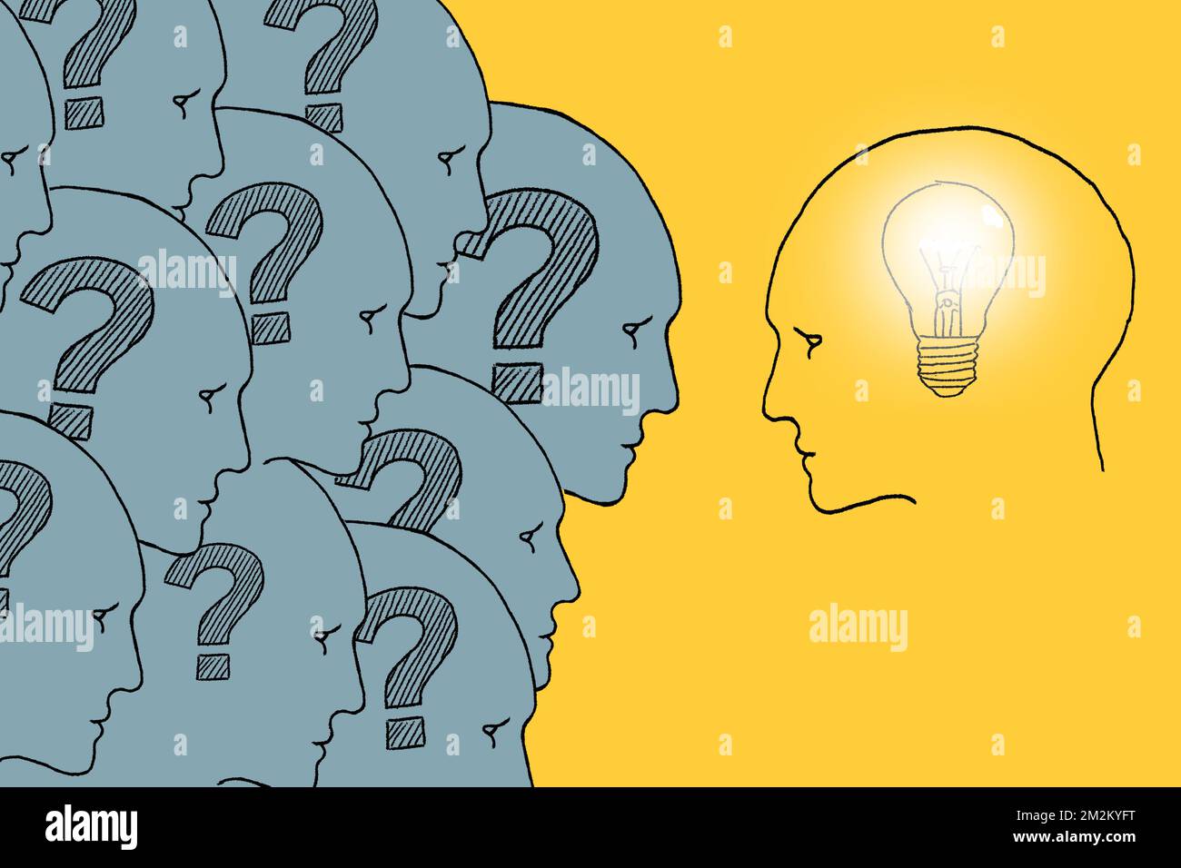 Human heads with question marks inside and one head with light bulb inside. Illustration on yellow. Idea generation, FAQ Stock Photo