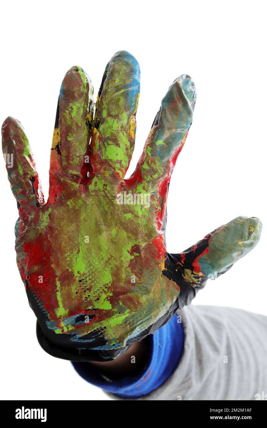 Colorful gloves. Paint mixing process Stock Photo Alamy