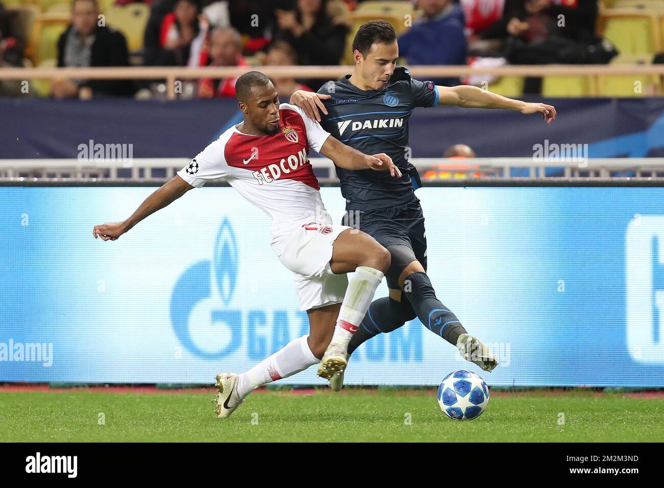 Monaco's Djibril Sidibe and Club's Dion Cools fight for the ball during a  game between AS Monaco and Belgian soccer team Club Brugge KV in the  Principality of Monaco, Tuesday 06 November