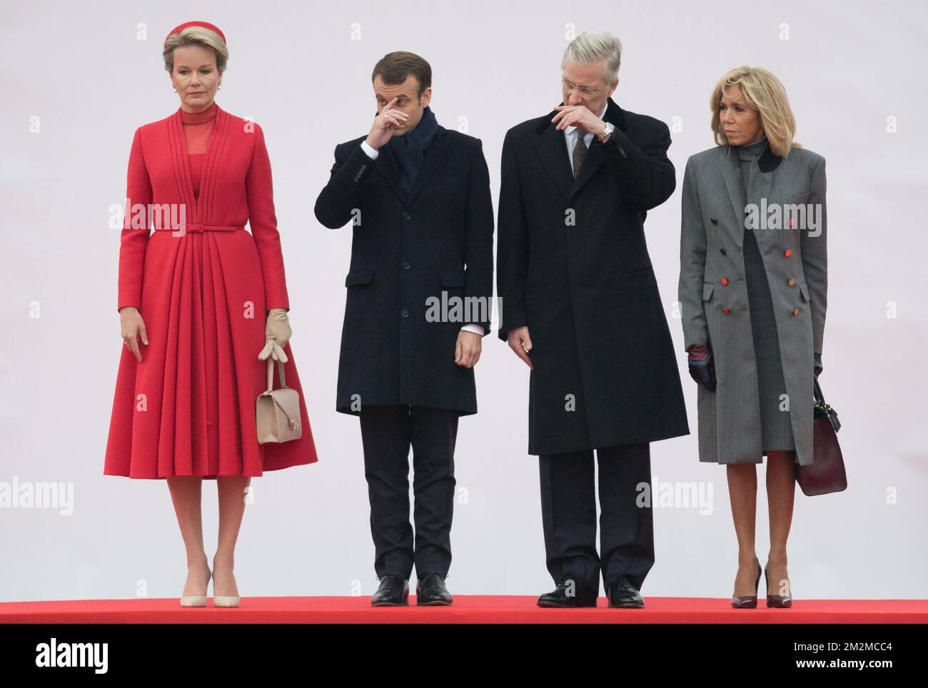 L-R, Queen Mathilde of Belgium, President of France Emmanuel Macron, King Philippe - Filip of Belgium and First Lady of France Brigitte Macron stand at the official welcome ceremony at the Paleizenplein/ Place des Palais in Brussels on the first day of the state visit of the French Presient to Belgium, Monday 19 November 2018. BELGA PHOTO BENOIT DOPPAGNE Stock Photo