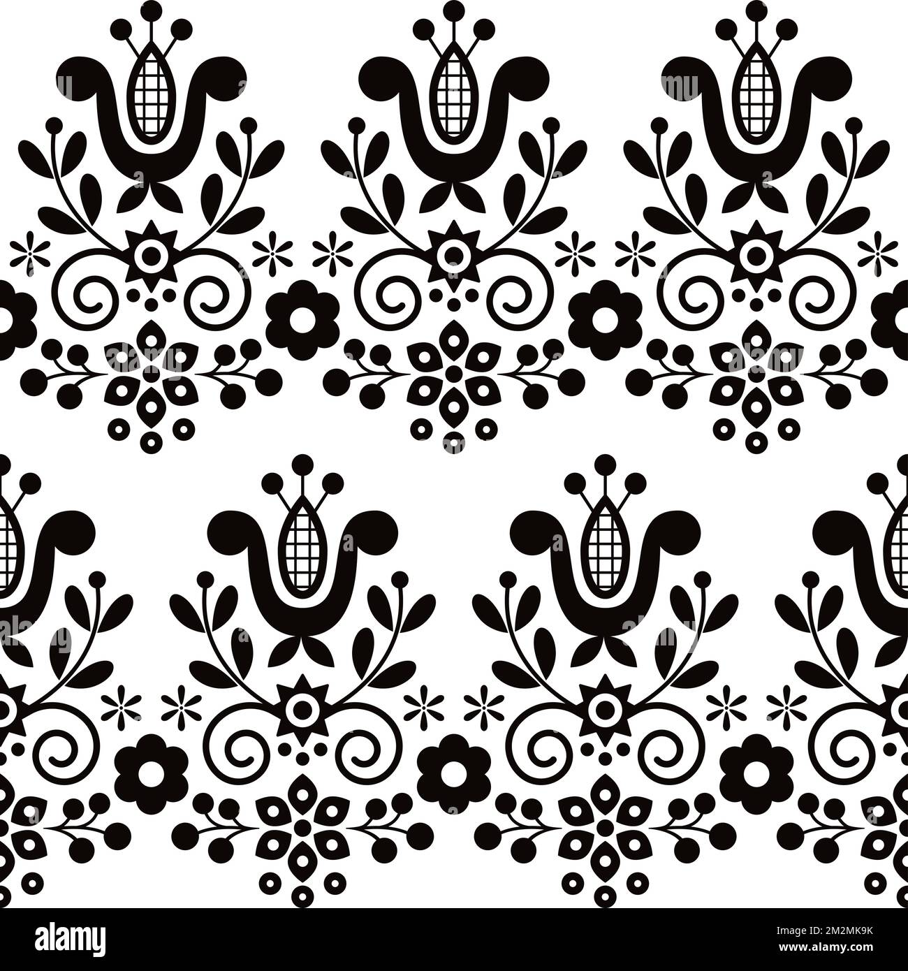 Rural Polish traditional vector seamless pattern, floral decorative folk art embroidery Lachy Sadeckie - black and white textile or fabric print ornam Stock Vector